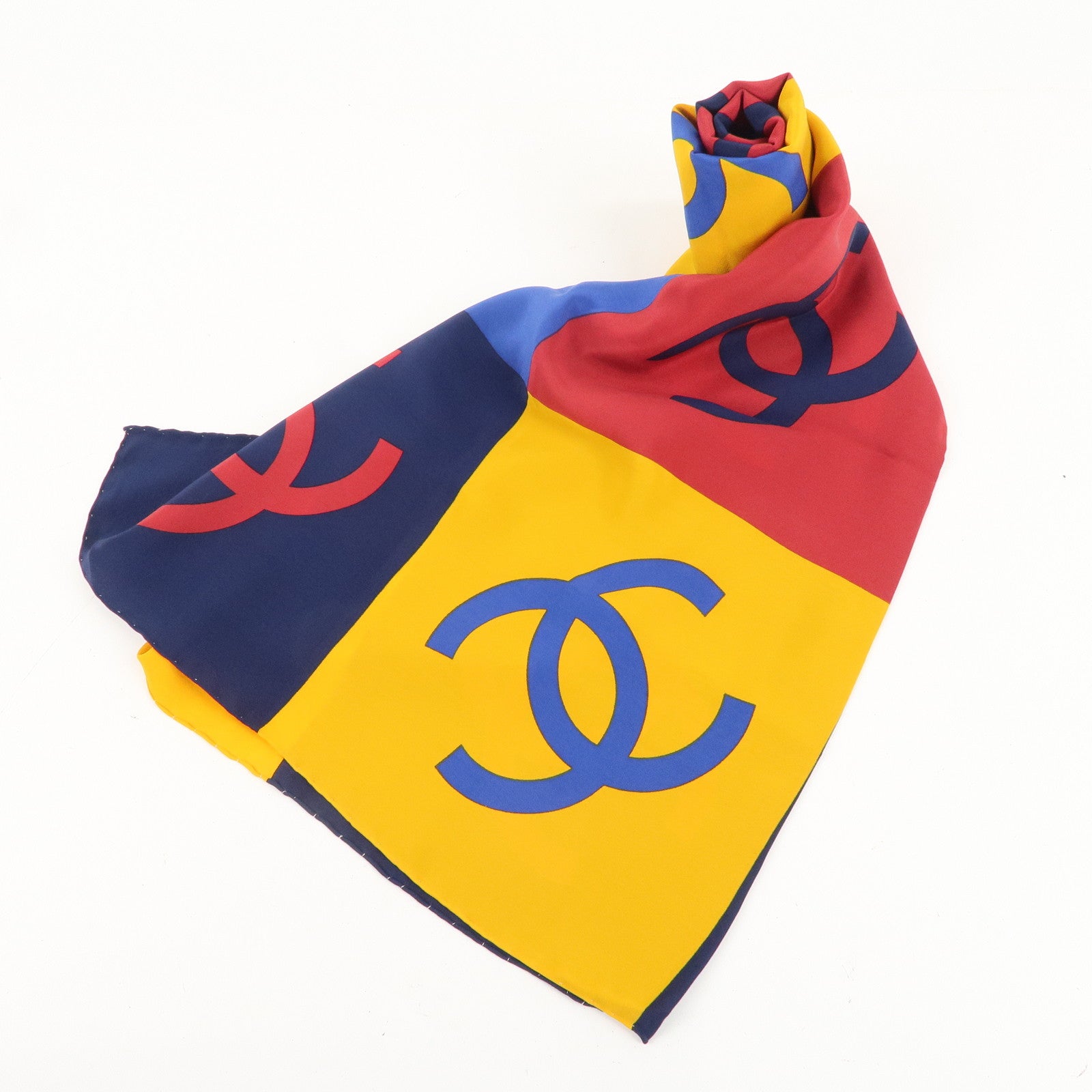 CHANEL 100% Silk Scarf 90×90 Blue Yellow Red