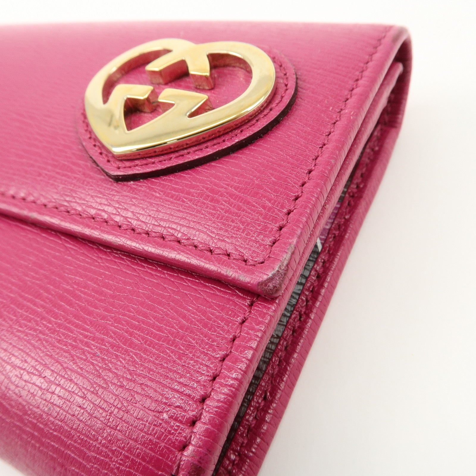 GUCCI Lovely Heart Logo Leather Bifold Long Wallet Pink 251861 Used