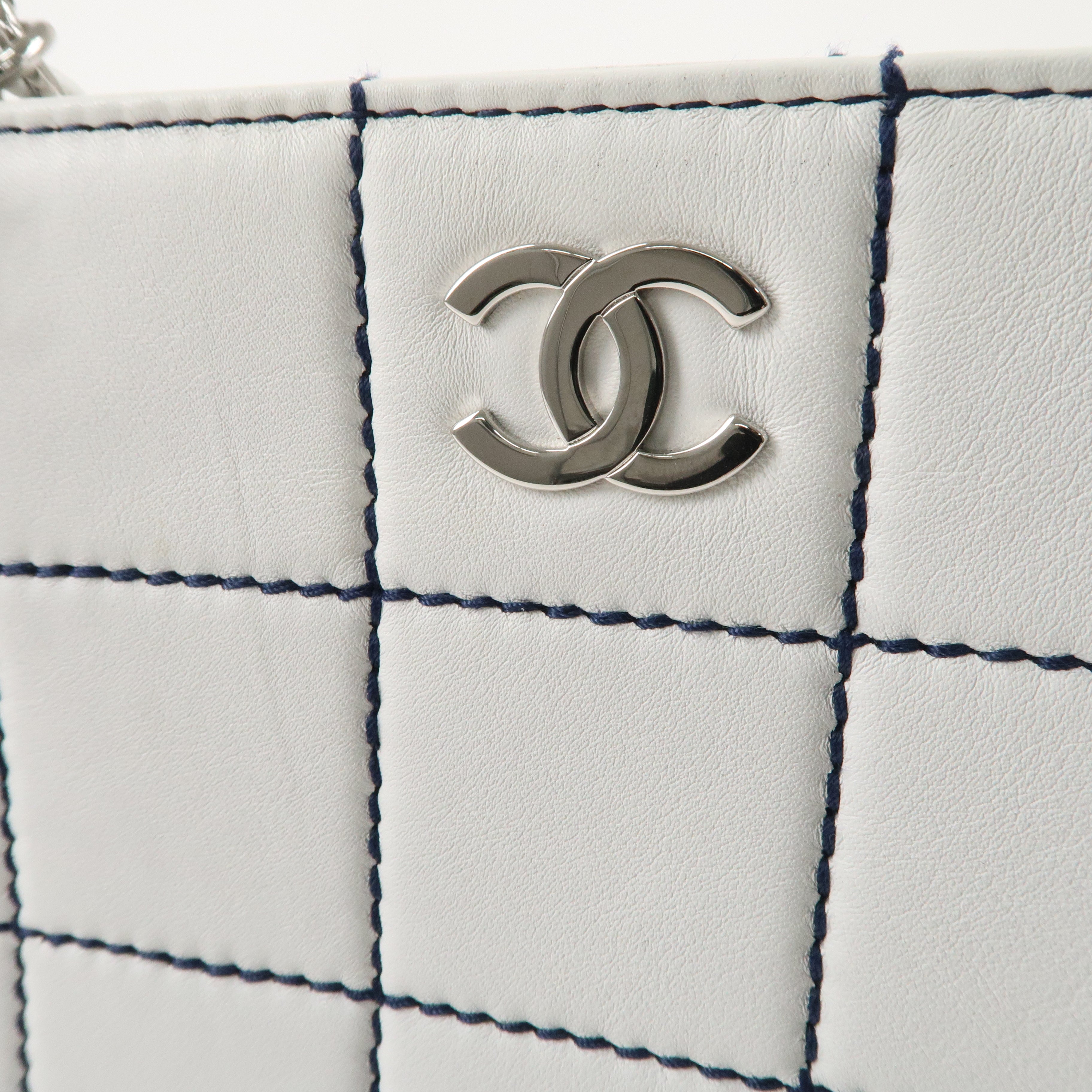 CHANEL Chocolate Bar Lamb Skin Tote Bag White Silver A17859