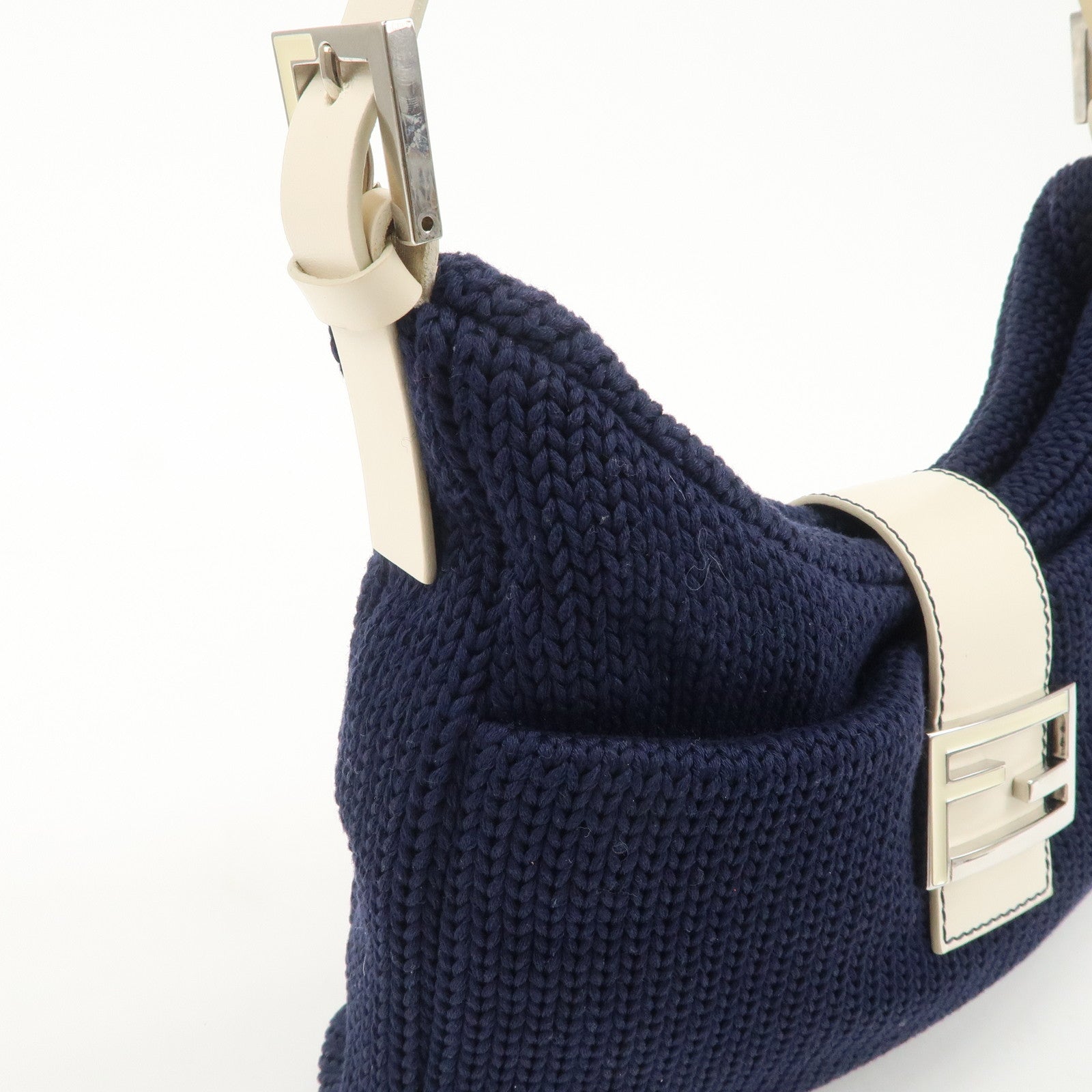 FENDI Wool Leather Shoulder Bag Navy White 26569