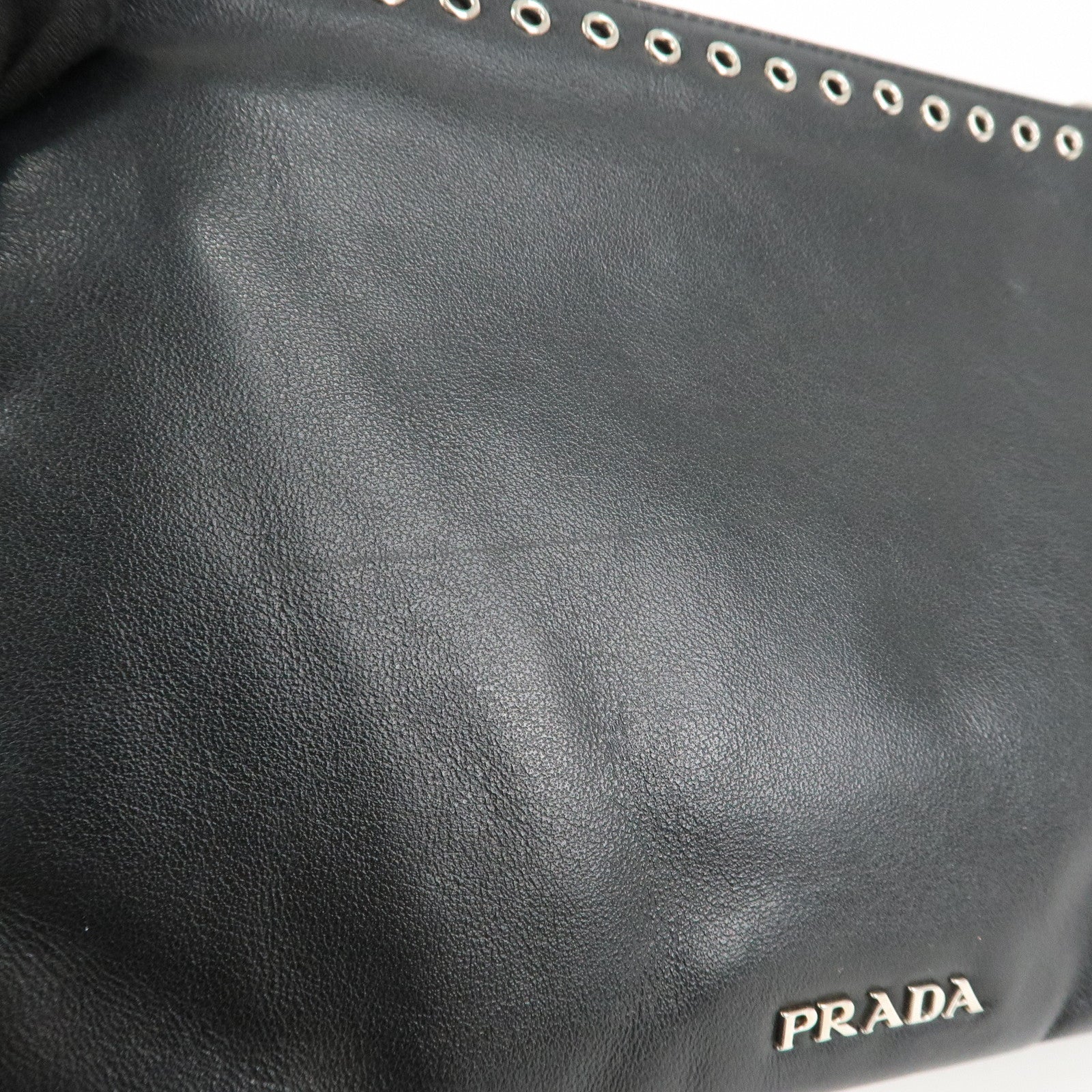 PRADA Logo Leather Line Stone Pouch Black Silver