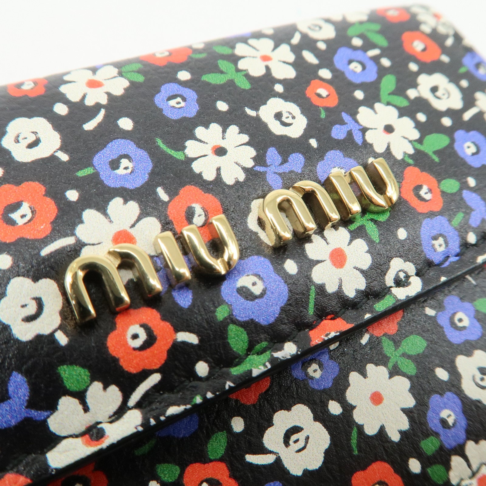 MIU MIU Leather Wallet Compact Flower Black Multicolor