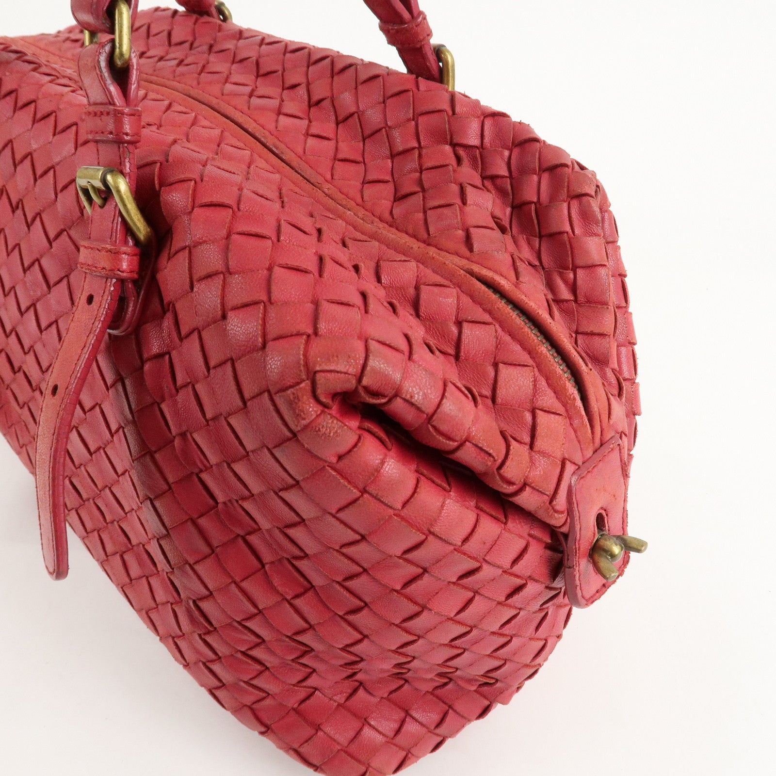 BOTTEGA VENETA Intrecciato Leather Montaigne Boston Bag Red