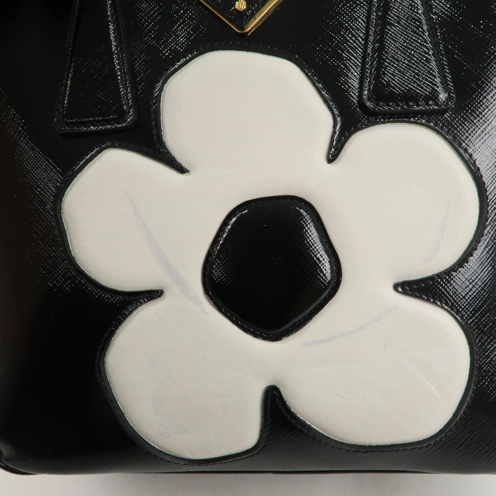 PRADA Saffiano Vernis Leather Flower 2Way Shoulder Hand Bag Black