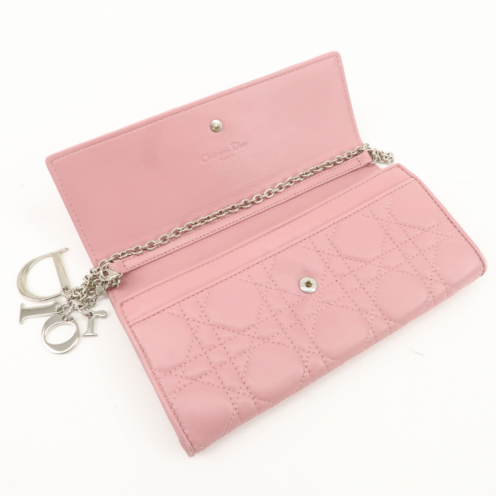 Christian Dior Cannage Dior Leather Chain Wallet Pink Used