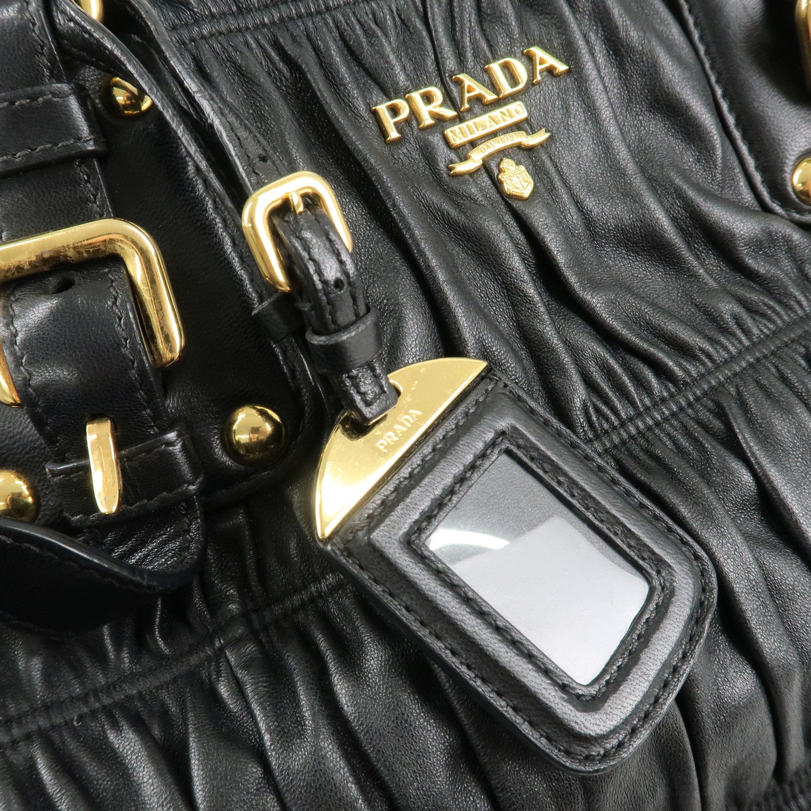 PRADA Leather 2Way Bag Hand Bag Shoulder Bag Used Black Gold HDW Used