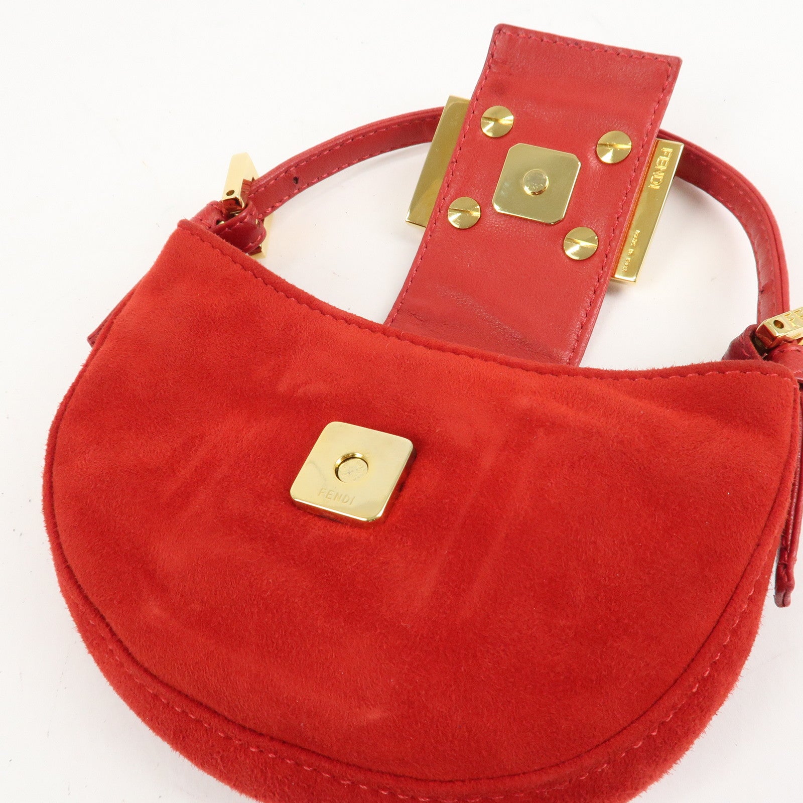 FENDI Suede Leather Mini Croissant Hand Bag Red 26673