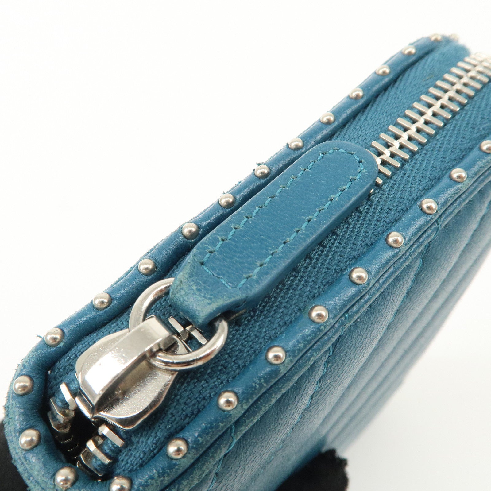 CHANEL V Stich Lamb Skin Coco Mark Studs Long Wallet Blue A50097 Used