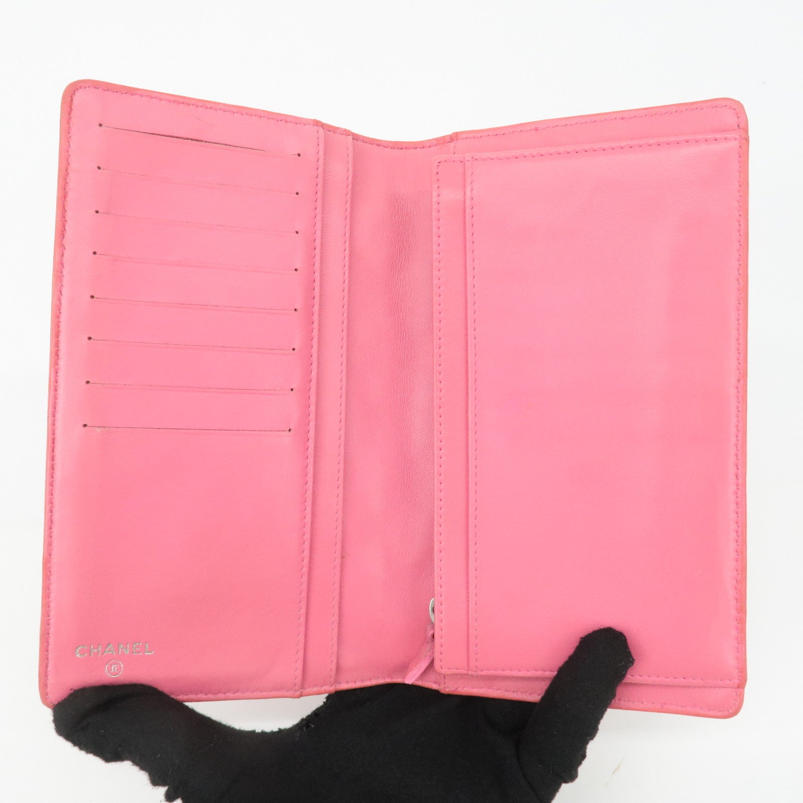 CHANEL Icon Line Patent Leather Bi-fold Wallet Pink Used