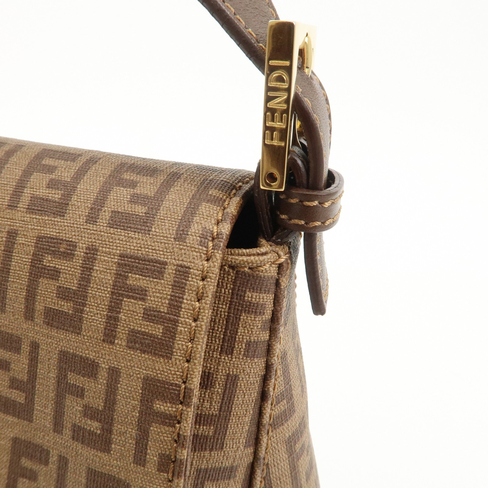 FENDI Mamma Baguette Zucchino Canvas PVC Leather Shoulder Bag Used