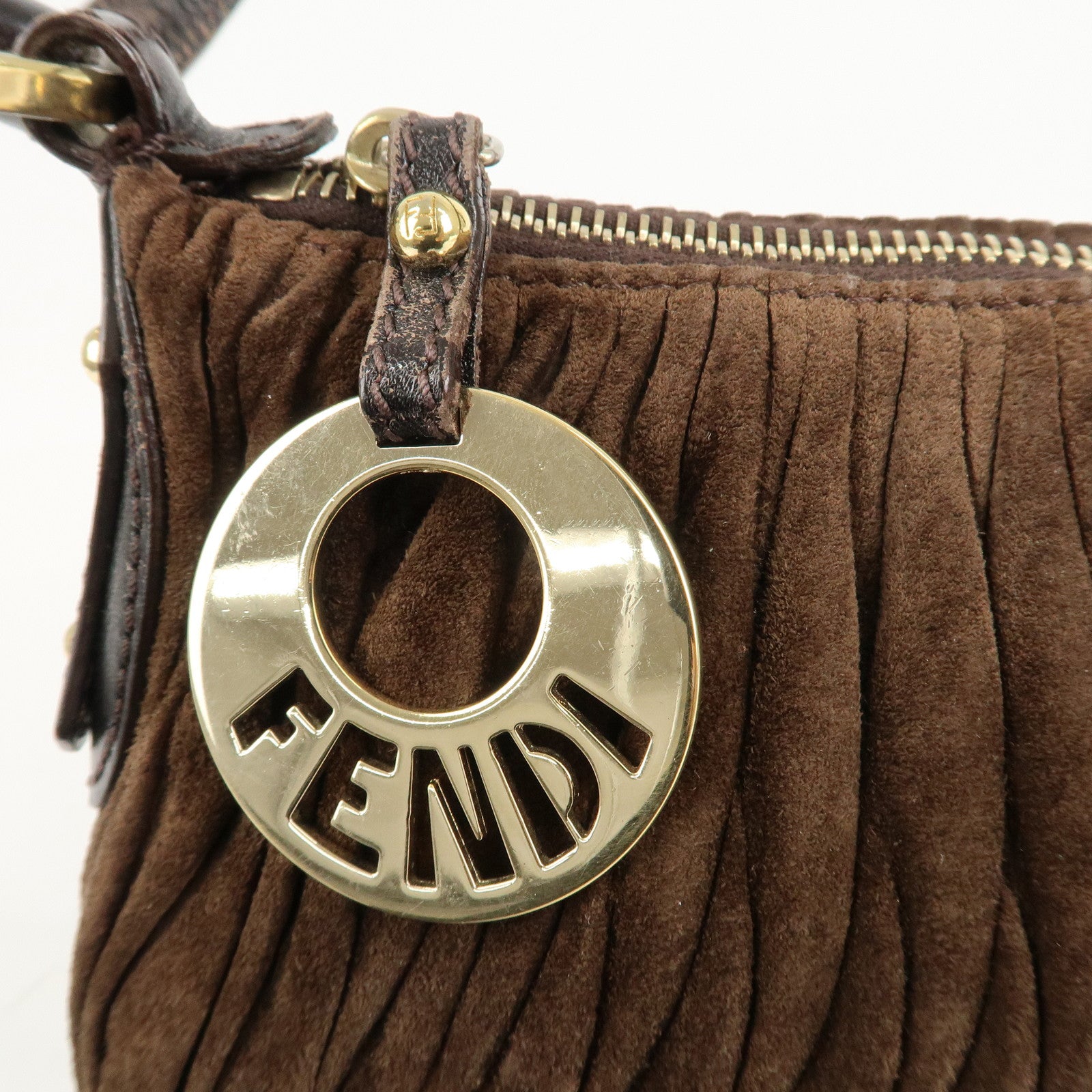 FENDI Suede Leather Gathered Shoulder Bag Dark Brown 8BR454