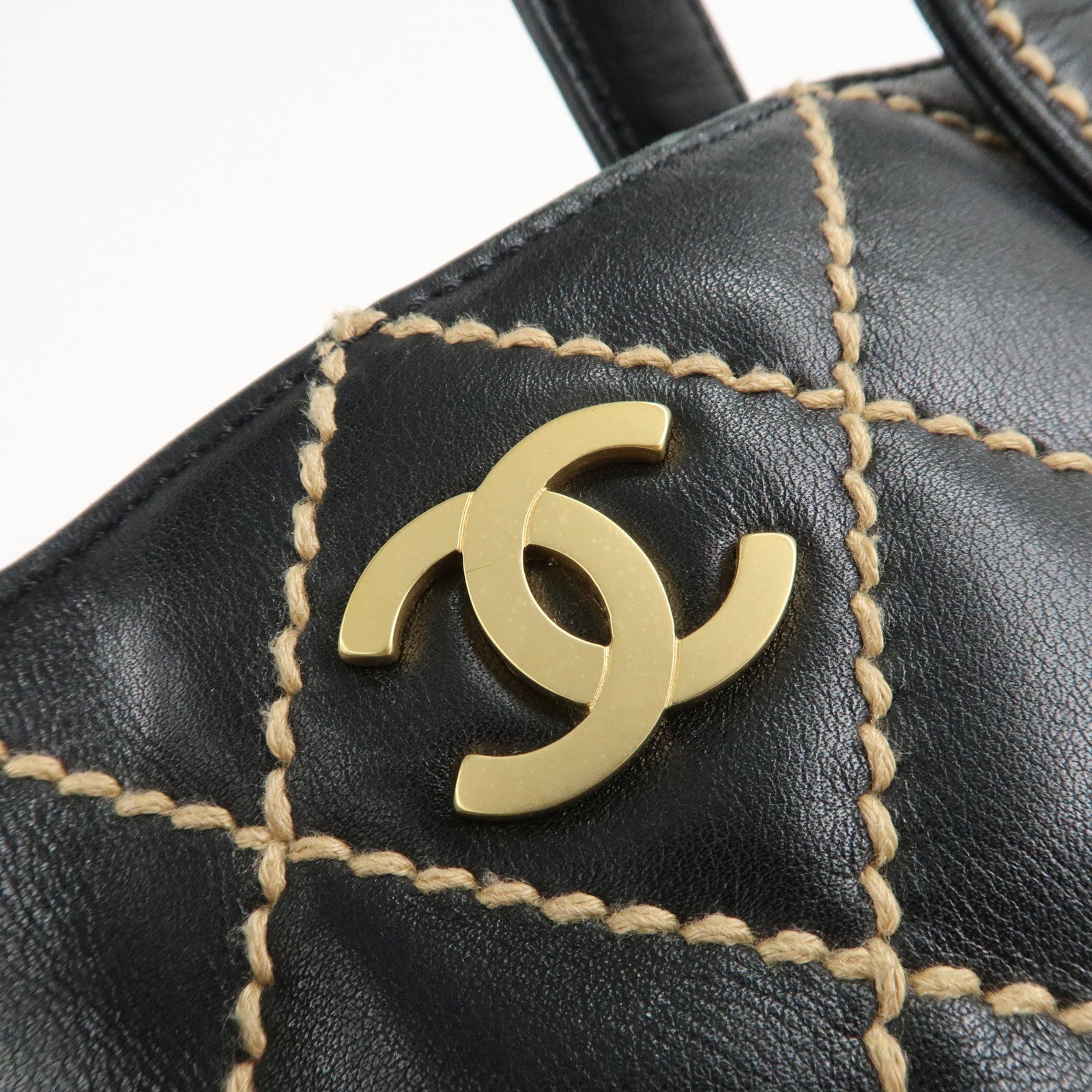 CHANEL Wild Stich Lamb Skin Tote Bag Hand Bag Black Used