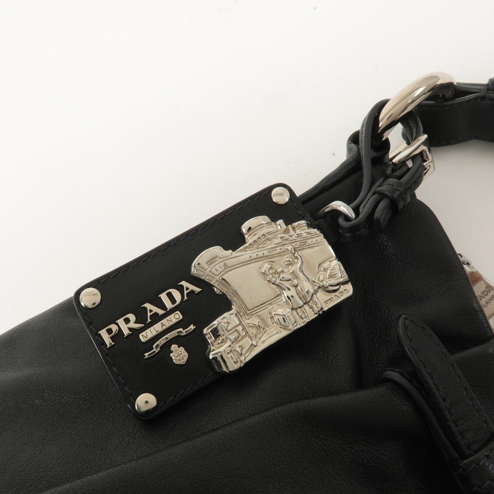 PRADA Logo Leather Shoulder Bag Hand Bag Black BR3795