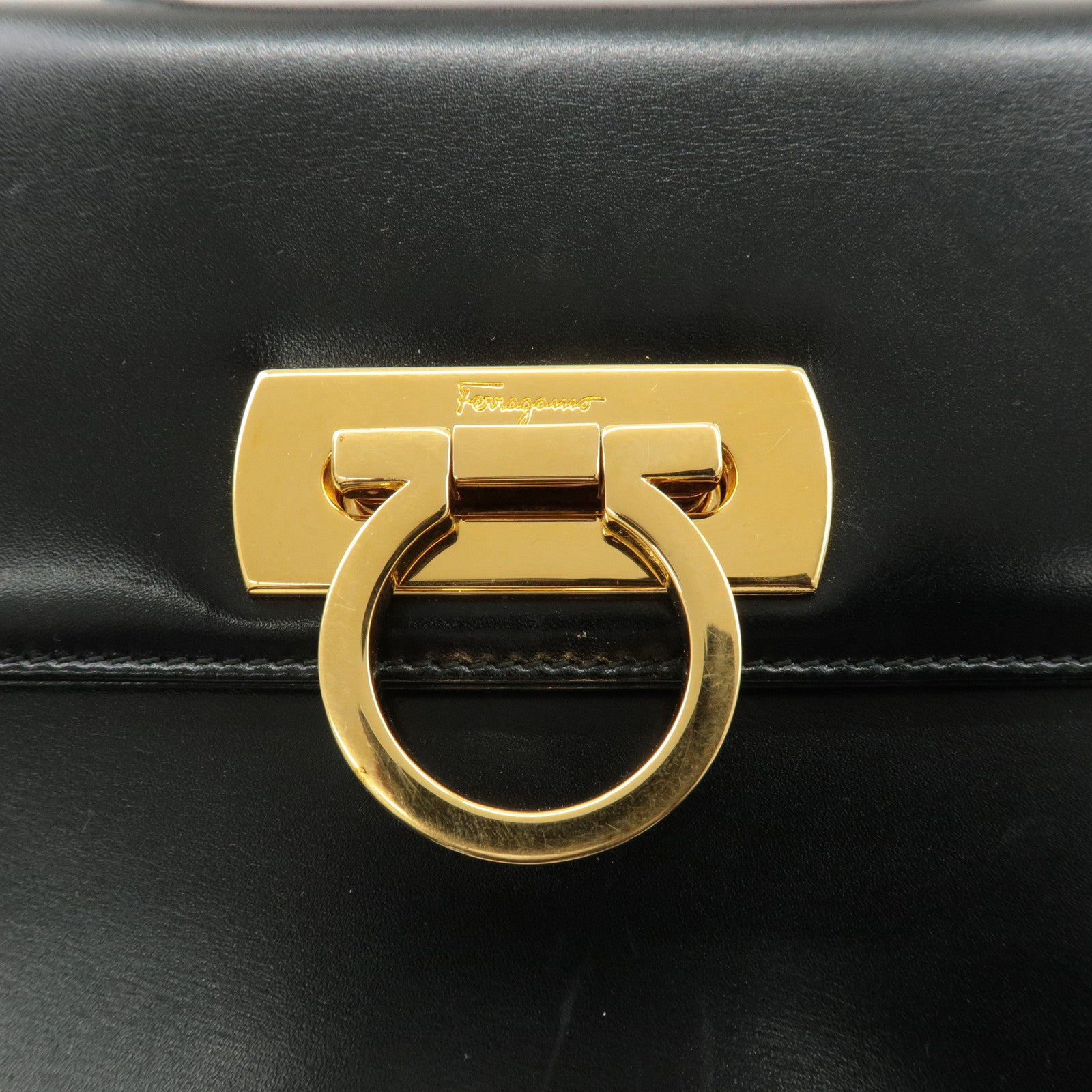 FERRAGAMO Leather Gancini 2Way Hand Shoulder Bag Black AT210536