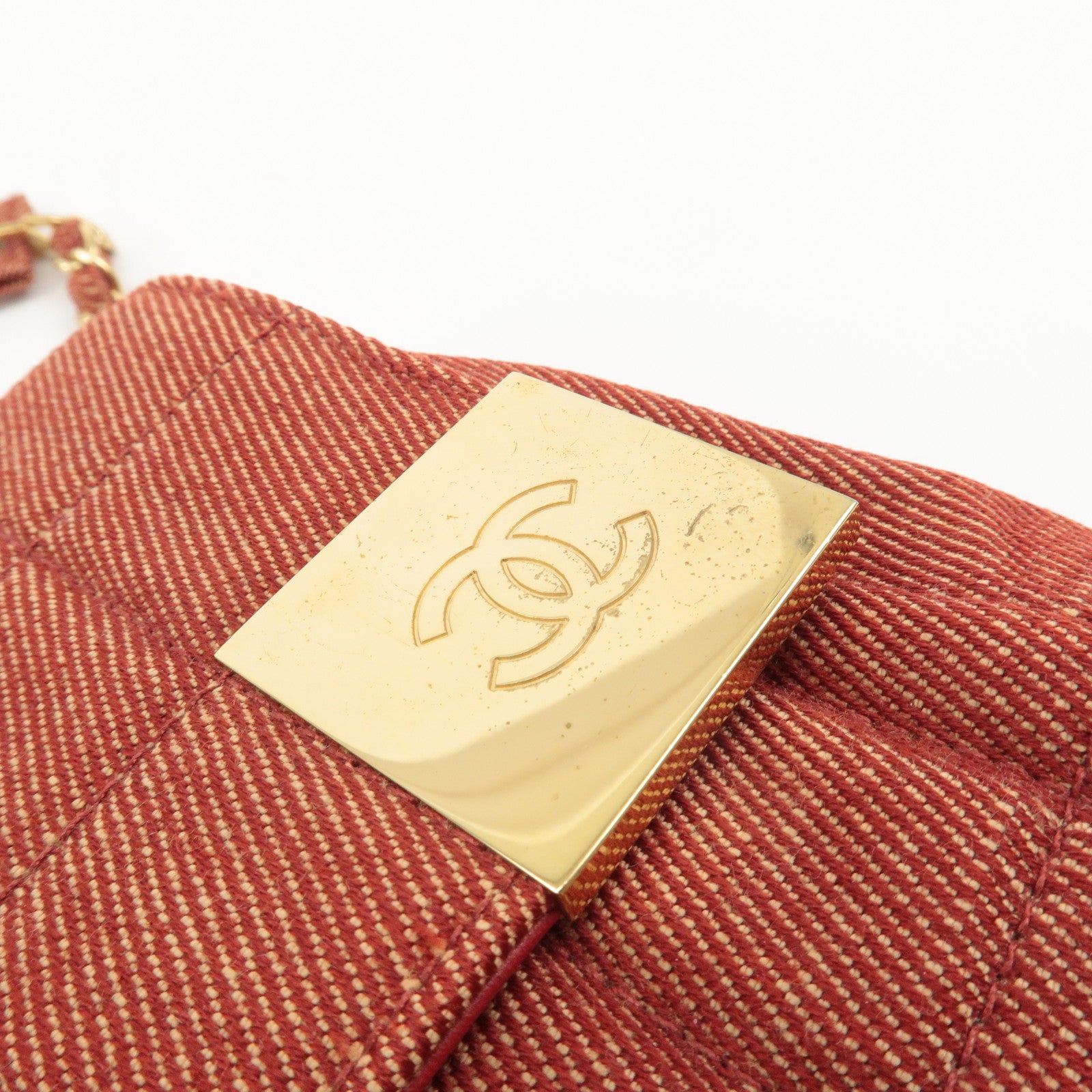 CHANEL Chocolate Bar Canvas Chain Shoulder Bag Red Gold Used