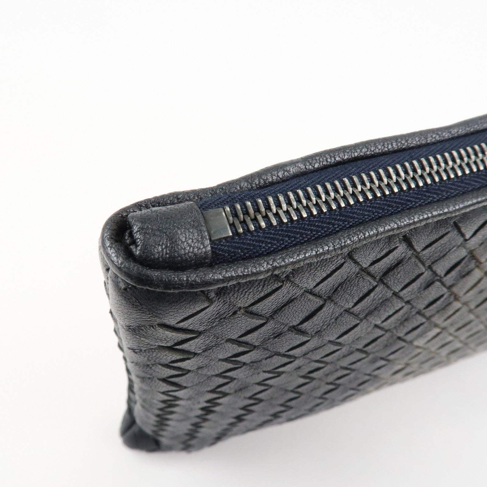 BOTTEGA VENETA Leather Clutch Bag Navy Gray Beige