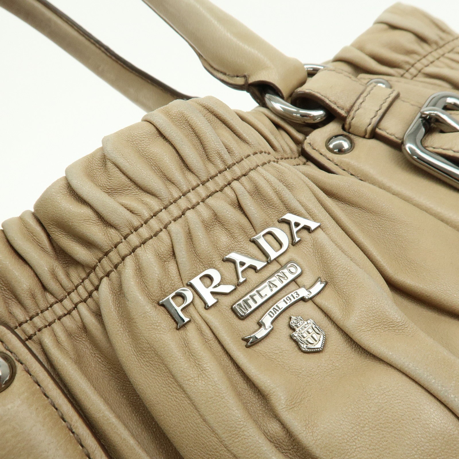 PRADA Logo Leather Gather Hand Bag Tote Bag Beige Silver HDW