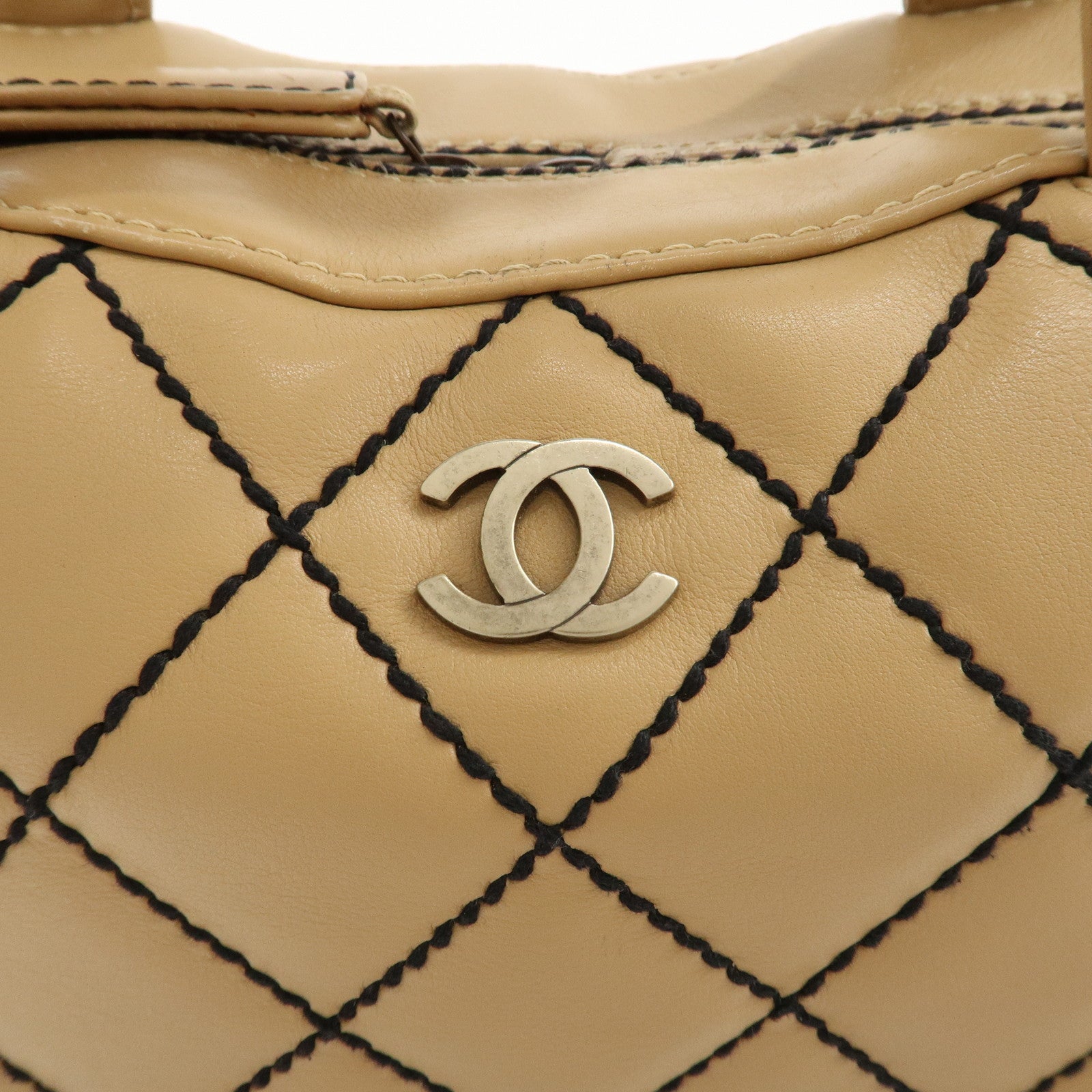 CHANEL Wild Stitch Lamb Skin Coco Mark Hand Bag Beige A14692