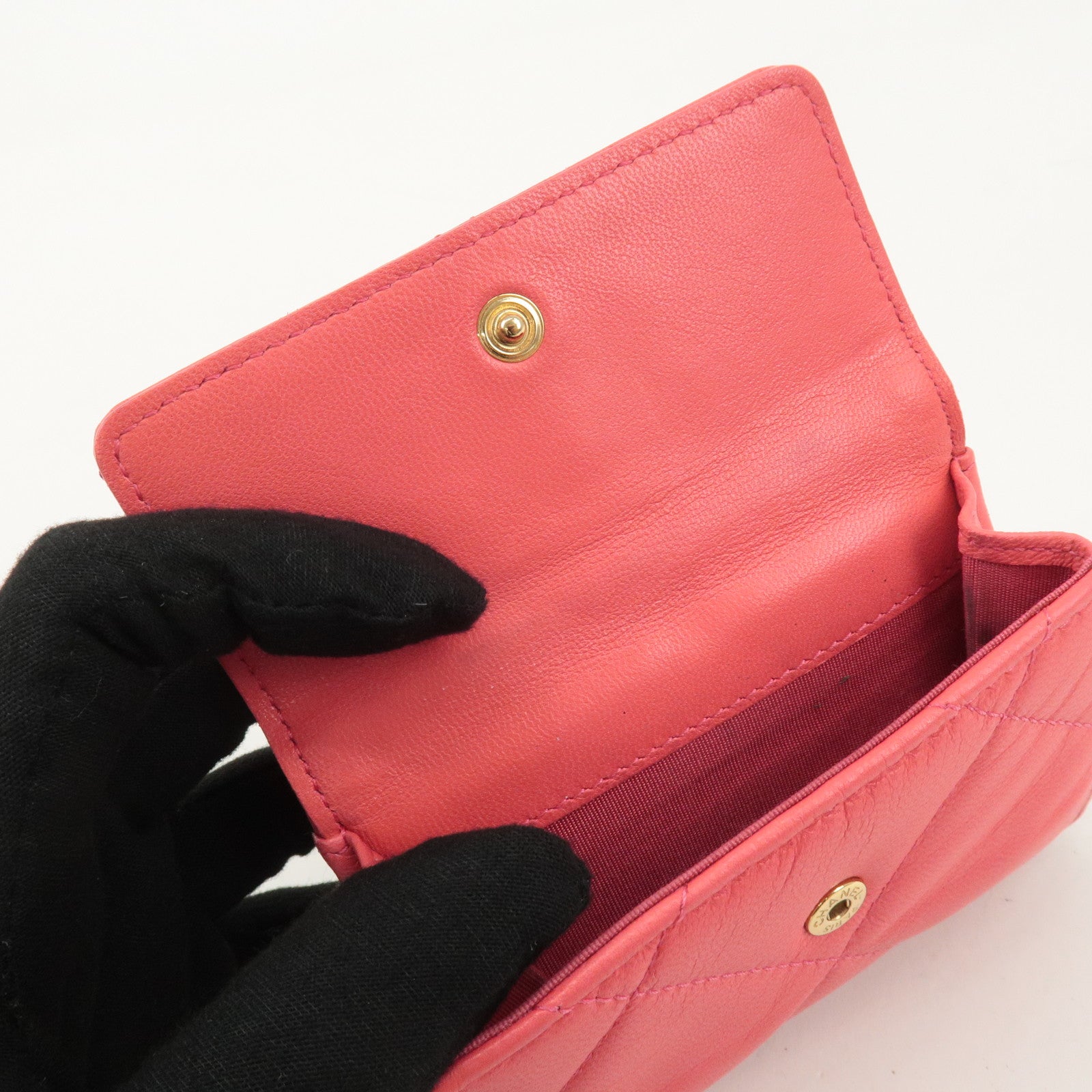 CHANEL Matelasse Lamb Skin Small Tri-fold Wallet Pink AP1789