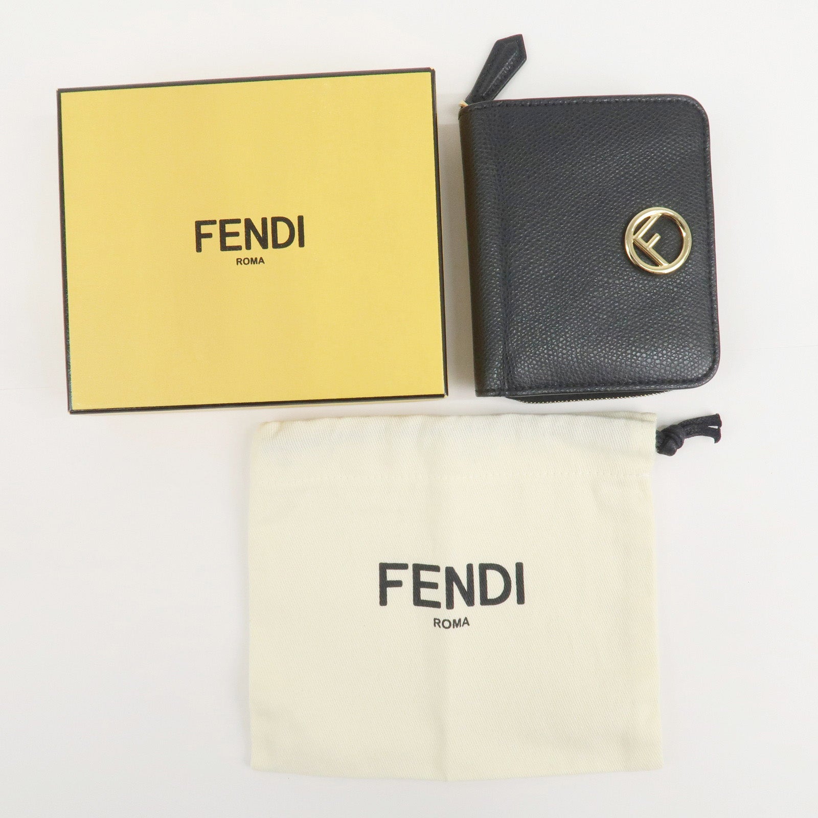 FENDI F is FENDI Leather Bi-fold Wallet Black Gold HDW 8M0407 Used