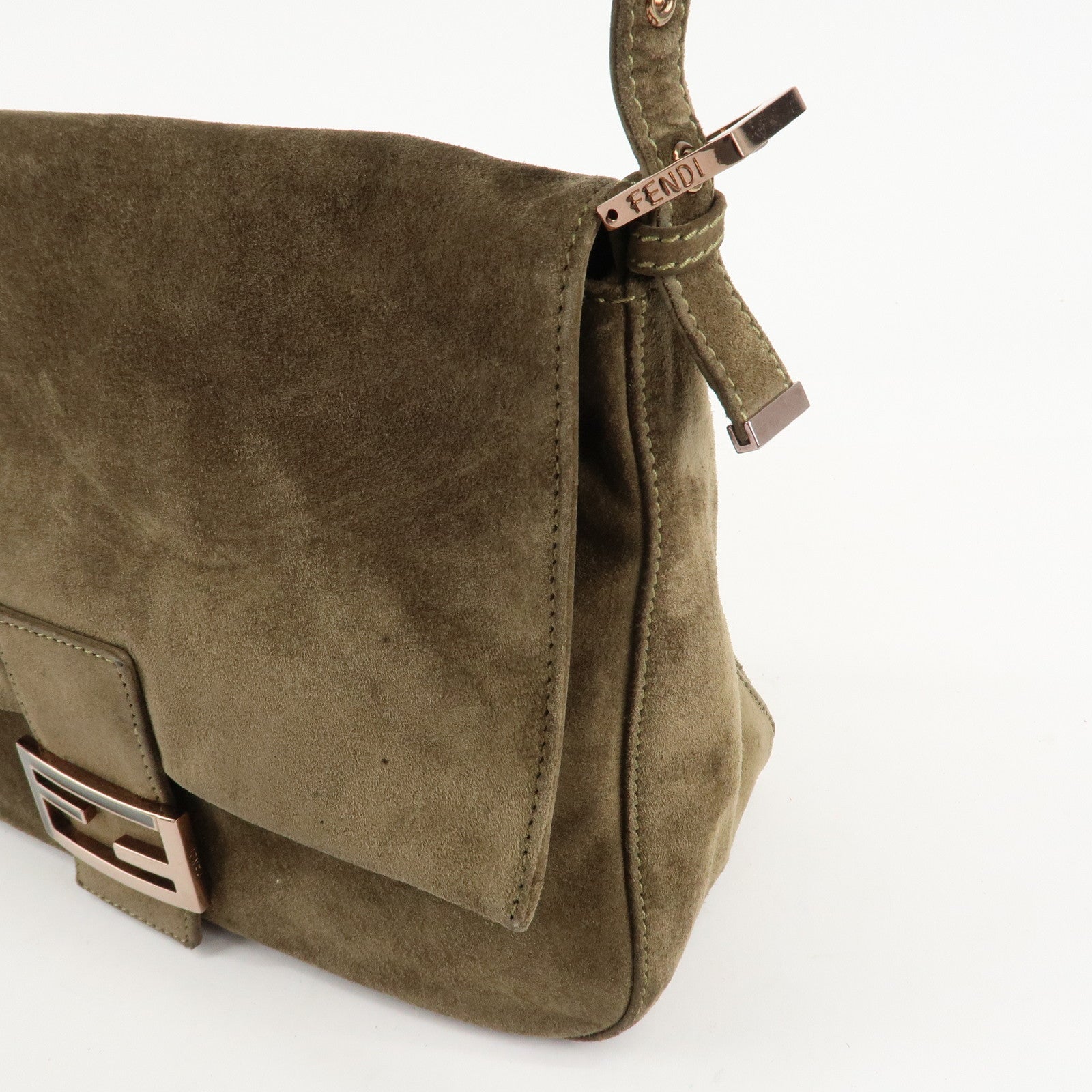 FENDI Mamma Baguette Suede Shoulder Bag Khaki 8BR001