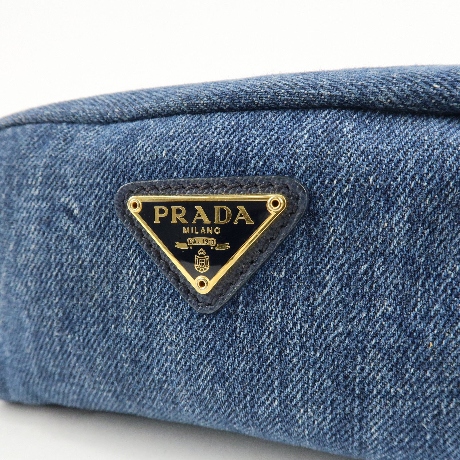 PRADA Triangle Logo Denim Pouch Cosmetic Pouch Blue