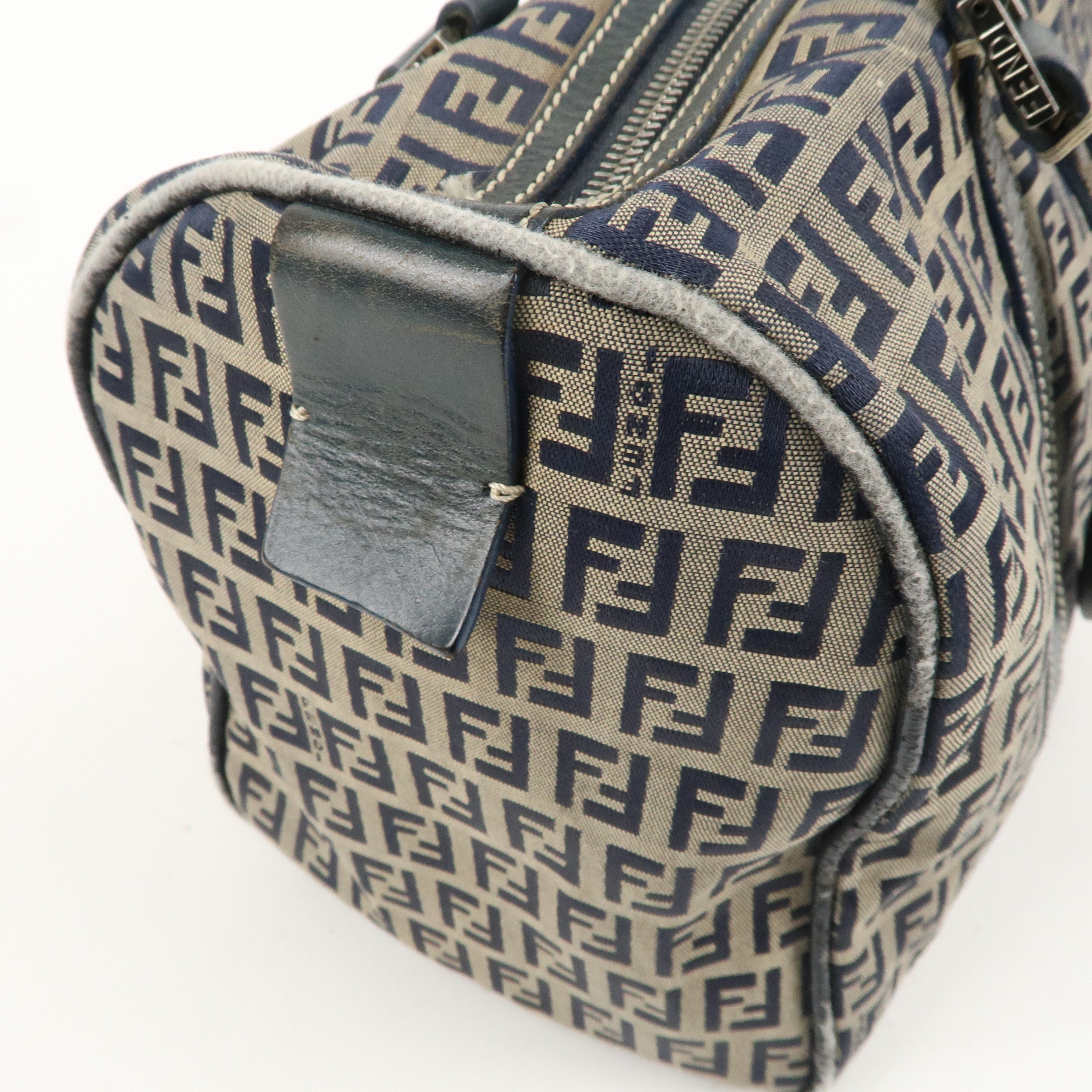 FENDI Zucchino Canvas Leather Boston Bag Beige Navy 16327