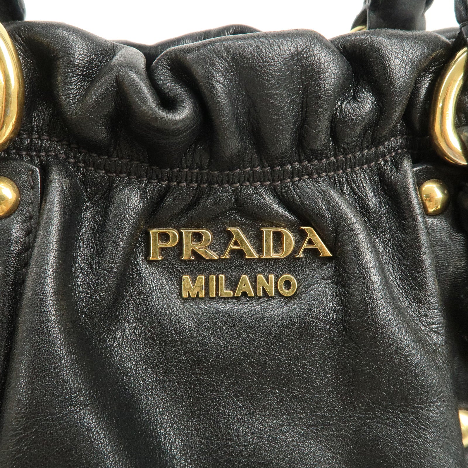 PRADA Logo Leather Gathered Hand Bag Black Gold HDW BR4259 Used