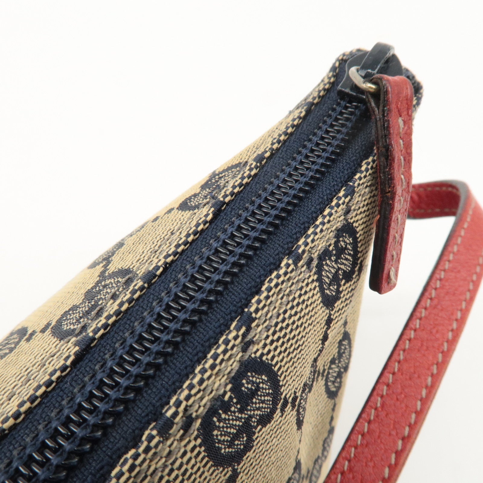 GUCCI Boat Bag GG Canvas Leather Bag Pouch Beige Navy Red 7198