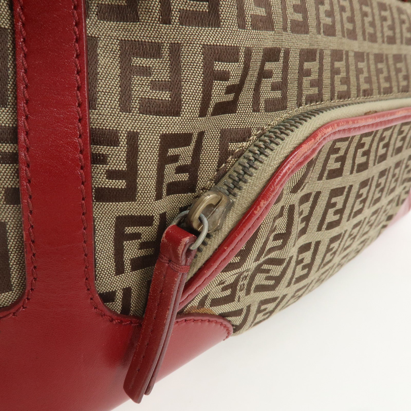 FENDI Zucchino Canvas Leather Shoulder Bag Beige Red 8BR464