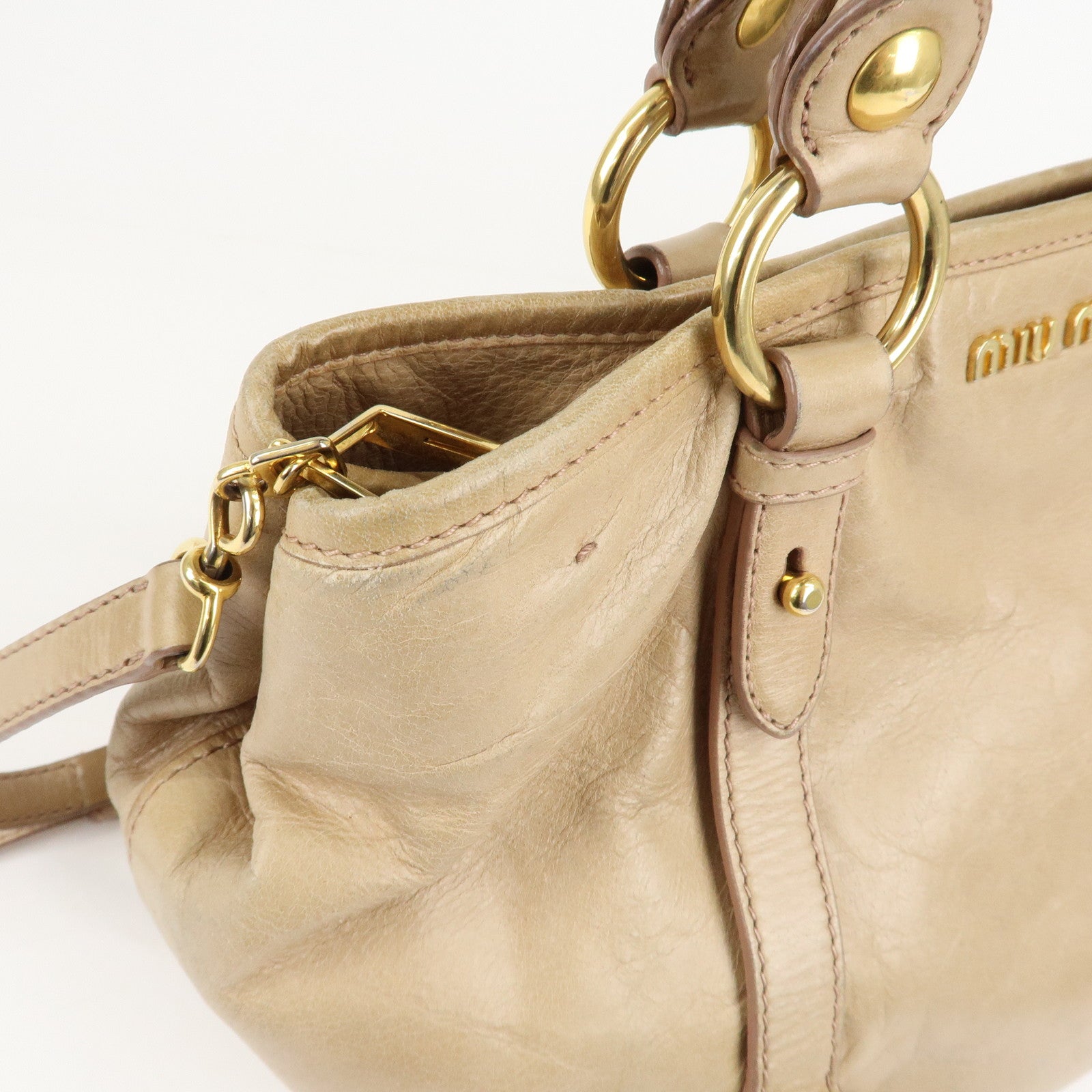 MIU MIU Logo Leather 2WAY Bag Shoulder Bag Hand Bag Beige Used