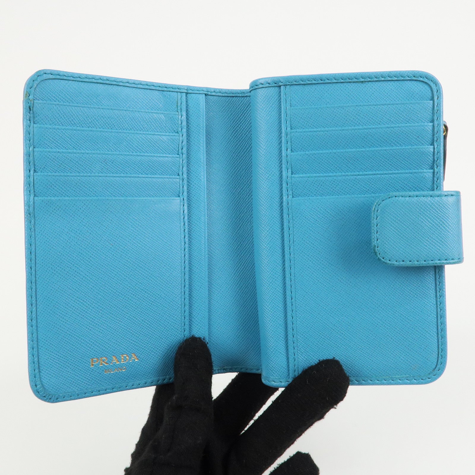 PRADA Logo Leather Bi-Fold Wallet Purse Light Blue 1ML225 Used