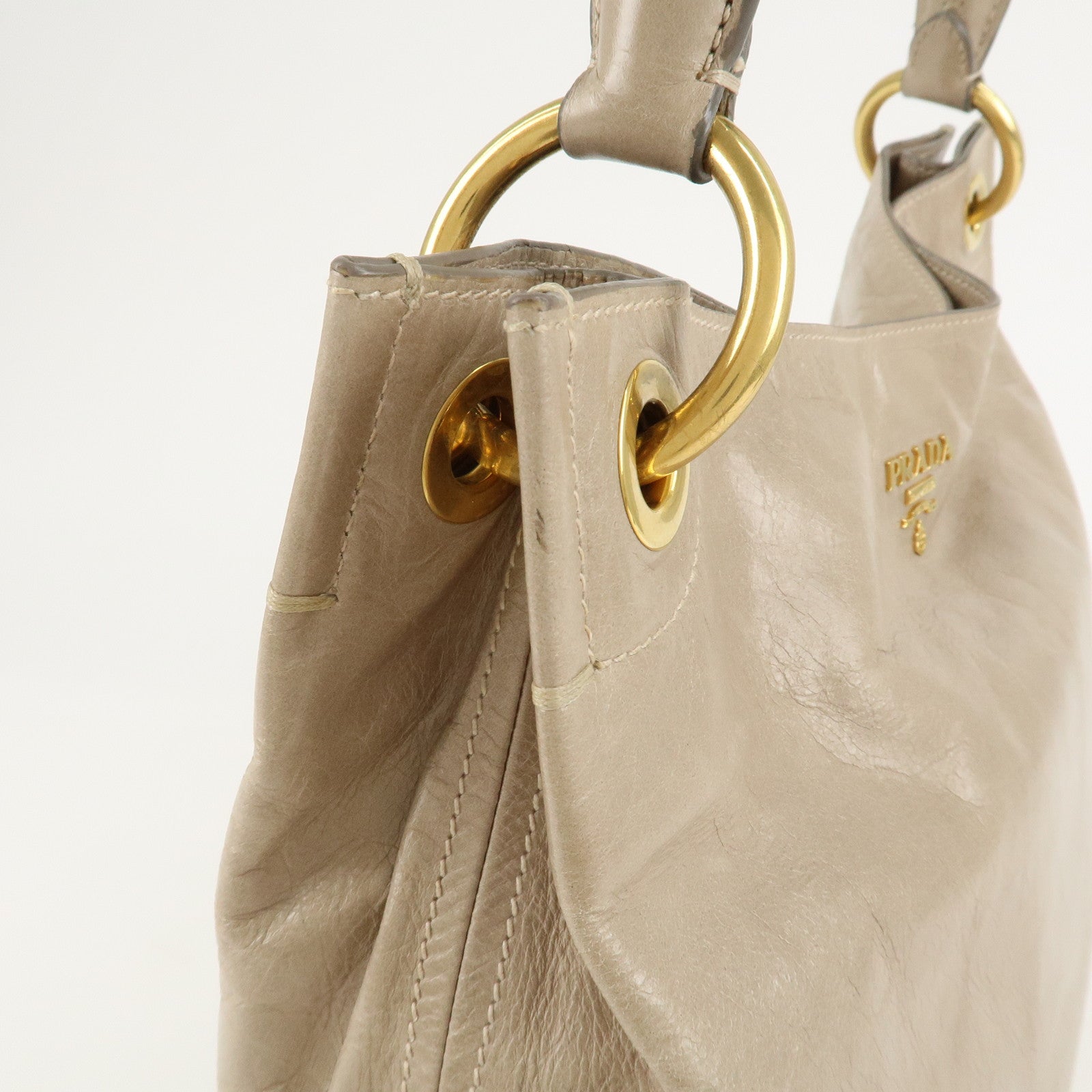 PRADA Leatehr Shoulder Bag Hand Bag Beige Used