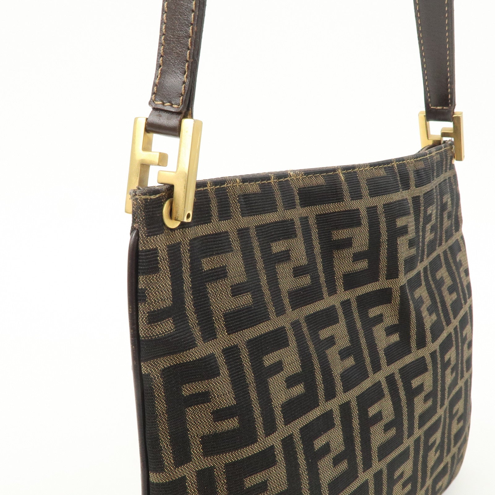 FENDI Zucca Canvas Leather Shoulder Bag Brown Black Gold Hardware Used