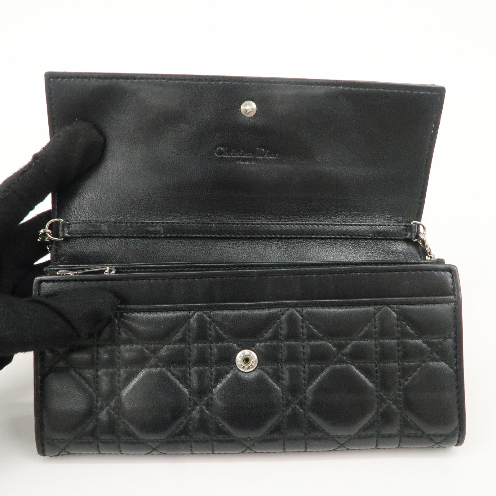 Christian Dior Cannage Leather Chain Long Wallet WOC Black Used