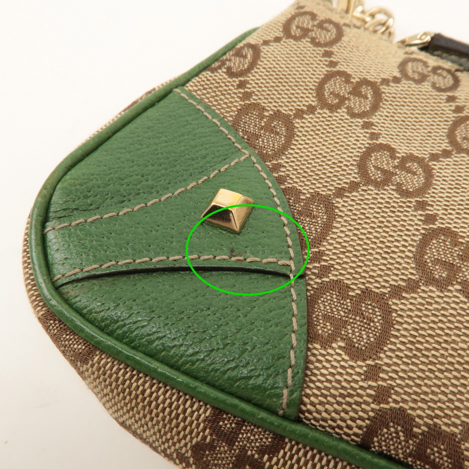 GUCCI GG Canvas Leather Chain Hand Bag Pouch Beige Green 120940