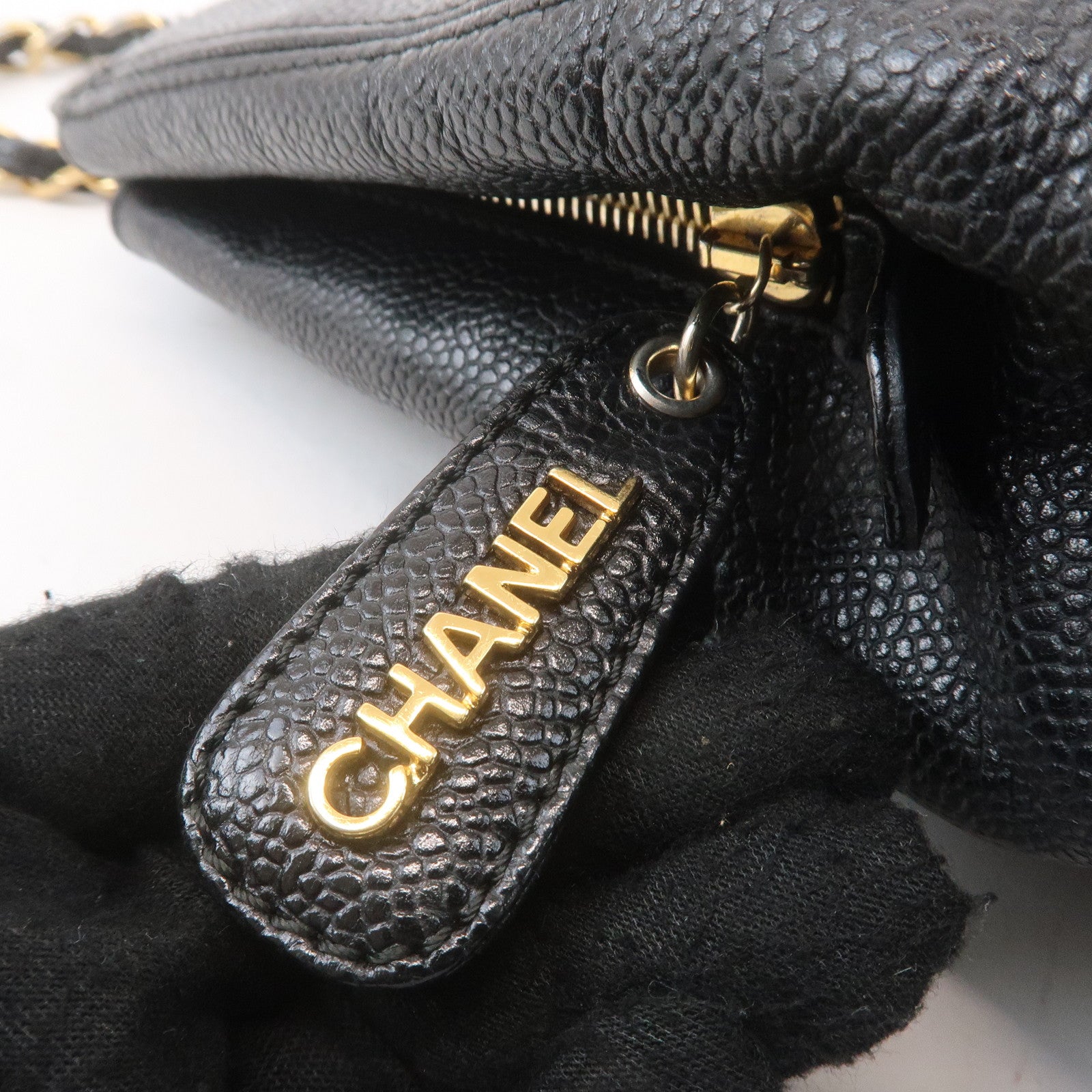 CHANEL Caviar Skin Chain Tote Bag Black Gold 5088083