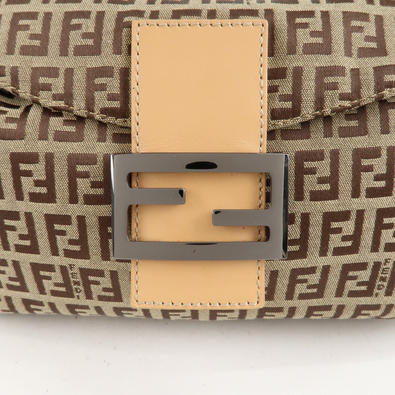 FENDI Zucchino Canvas Leather Shoulder Bag Beige 8BR003