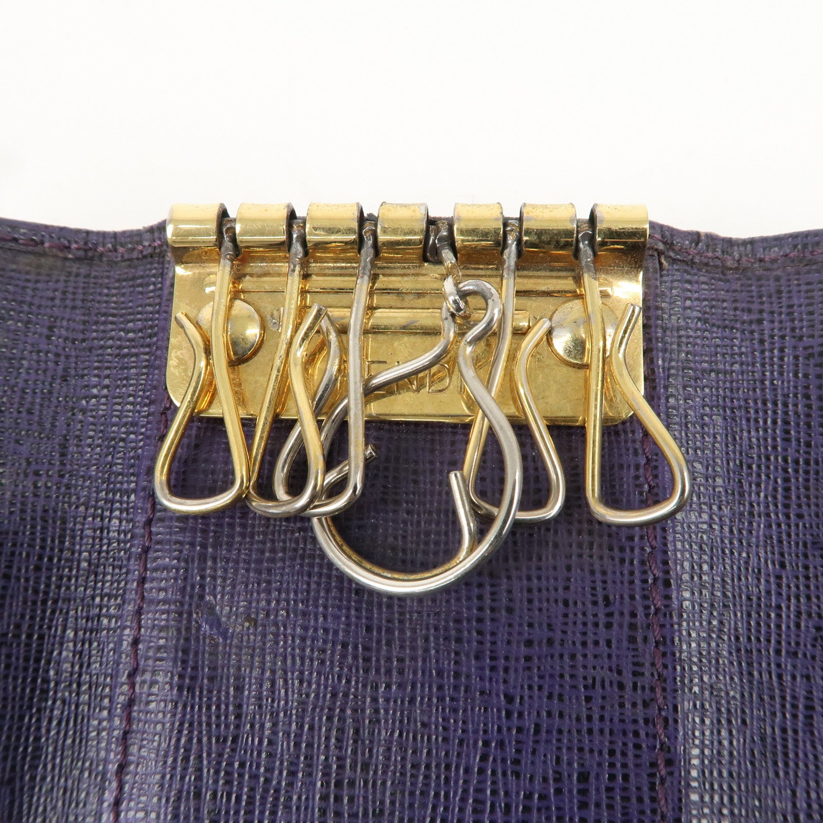 FENDI Zucca Canvas Leather 6 Rings Key Case Khaki Purple 8AP079