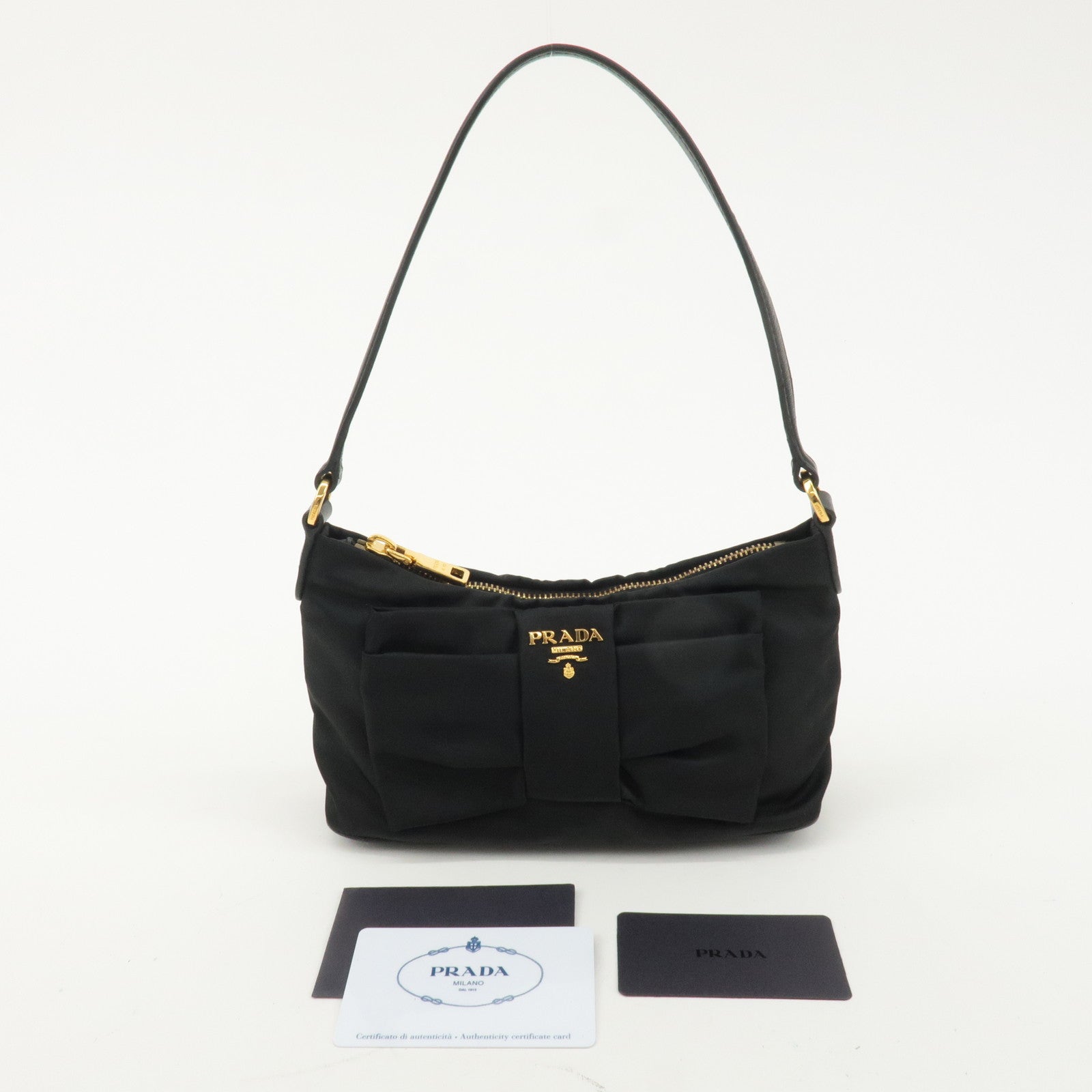 PRADA Leather Ribbon Pouch Shoulder Bag Black 1N1439