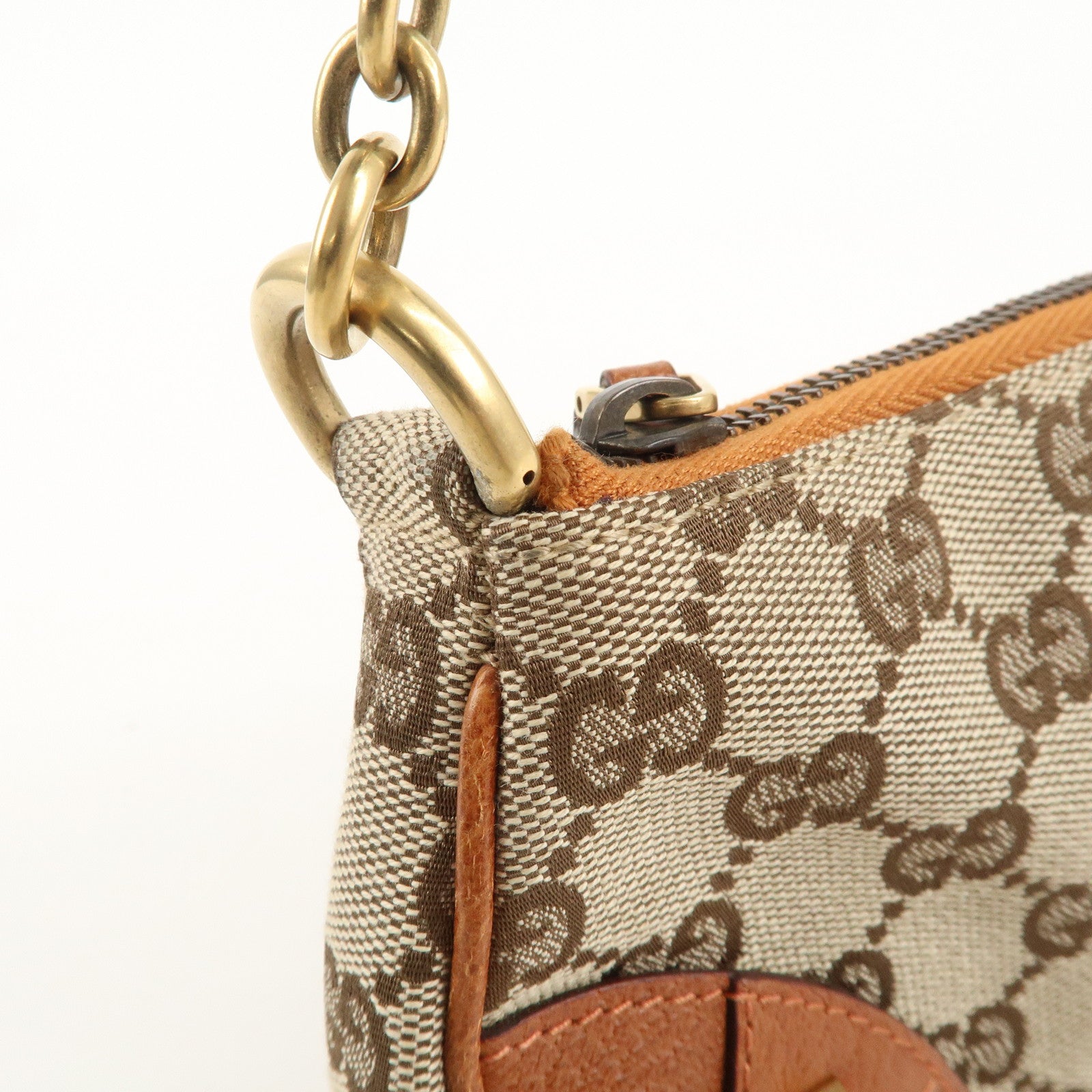 GUCCI GG Canvas Leather Chain Hand Bag Pouch Beige Brown 120940