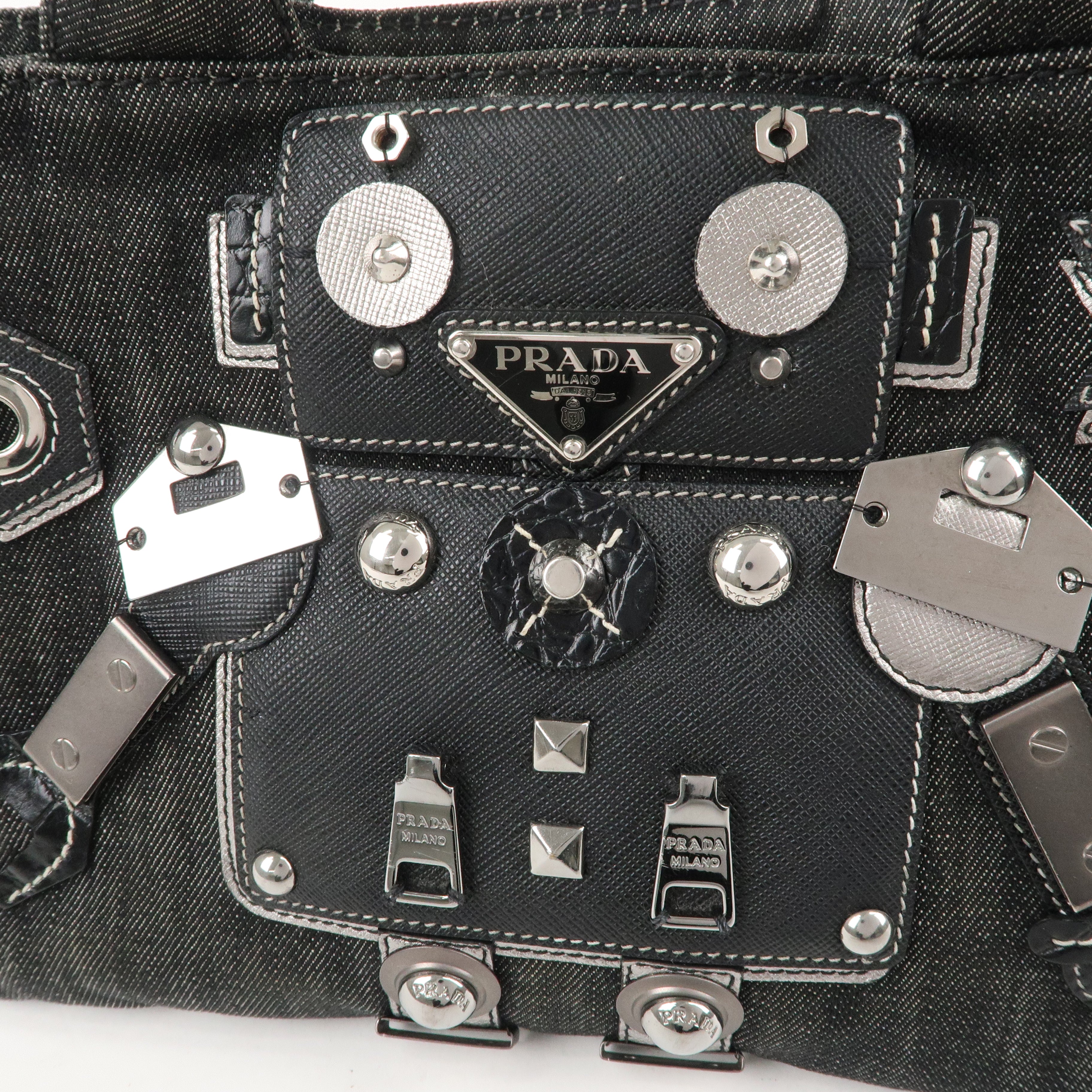 PRADA Logo Canapa Mini Denim Canvas Hand Bag Robot Black 1BG439