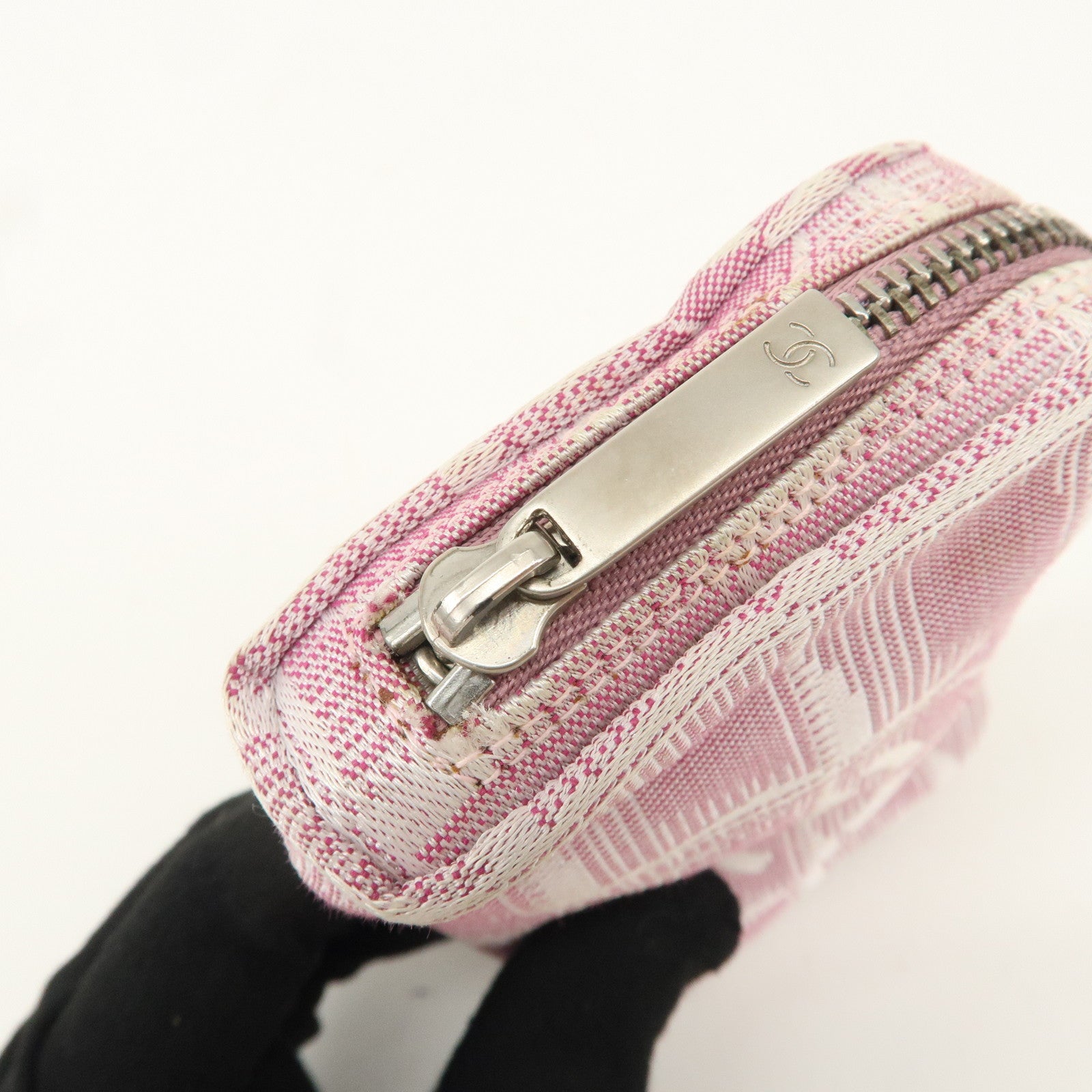 CHANEL New Travel Line Nylon Jacquard Leather Pouch Pink