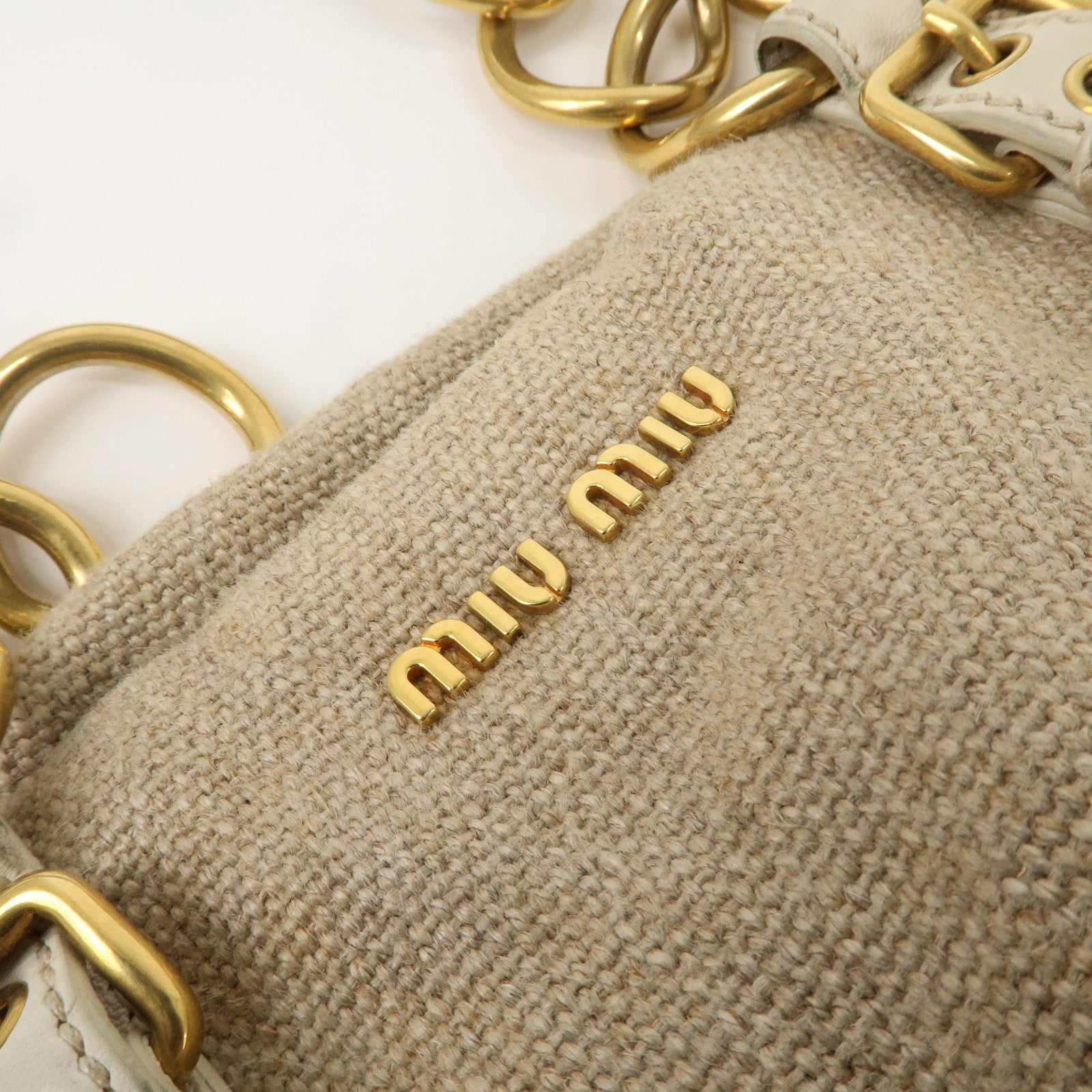 MIU MIU Canvas Leather Tote Bag Beige Gold Hardware