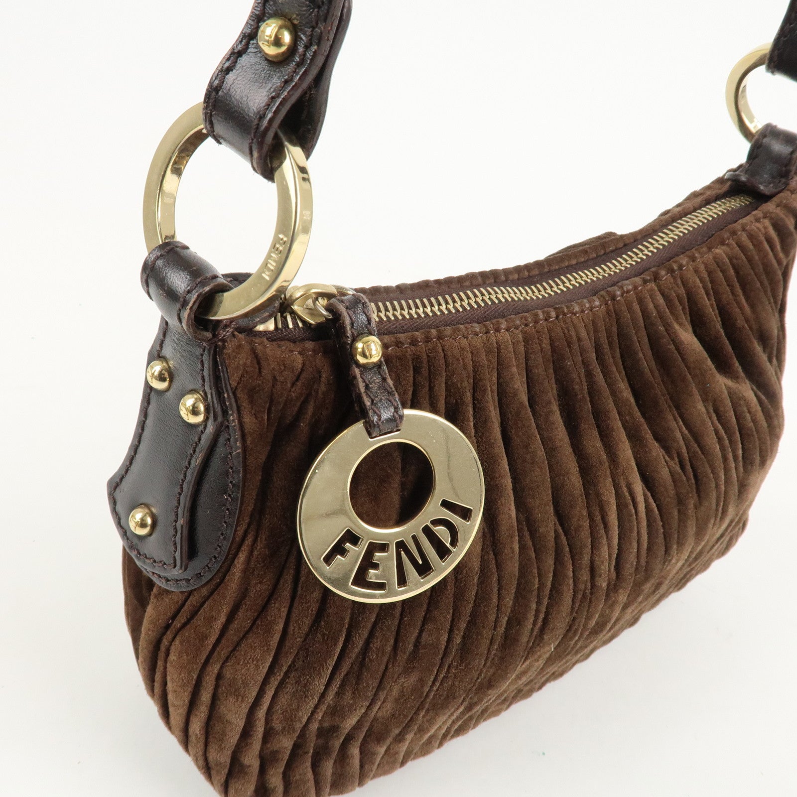 FENDI Suede Leather Gathered Shoulder Bag Dark Brown 8BR454