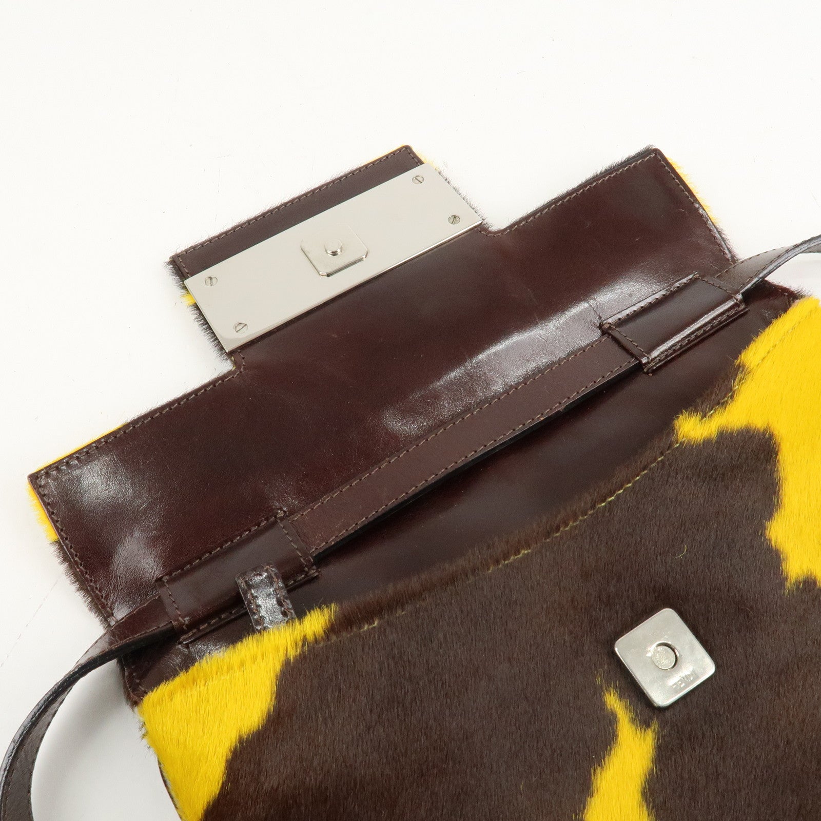 FENDI COW Unborn Calf Leather Shoulder Bag Yellow Brown Used