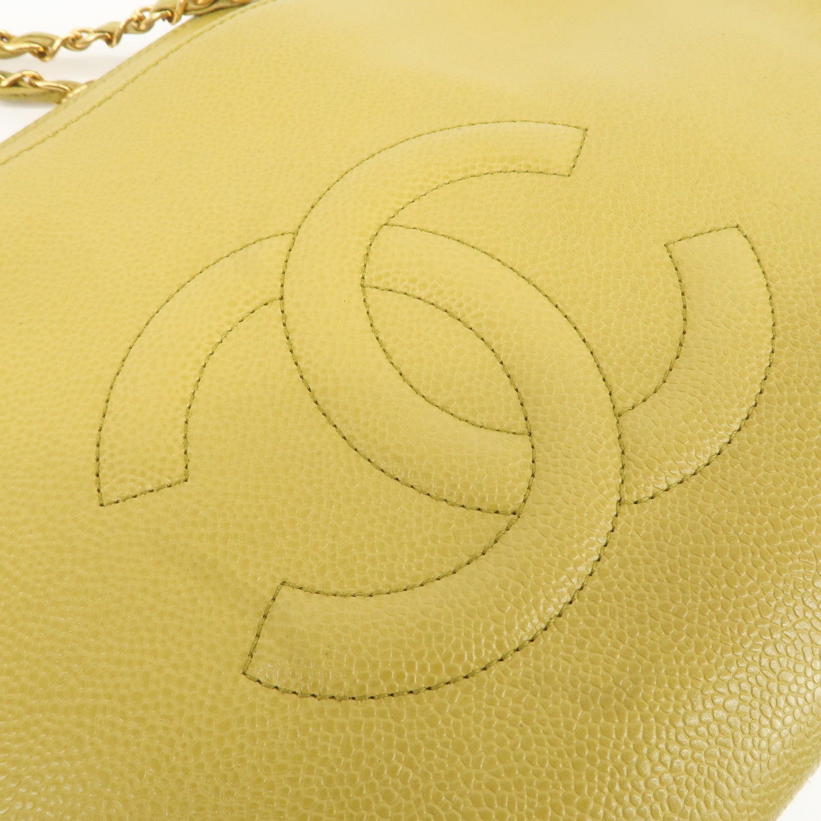 CHANEL Caviar Skin Coco Mark Chain Tote Bag Mustard Gold HDW Used