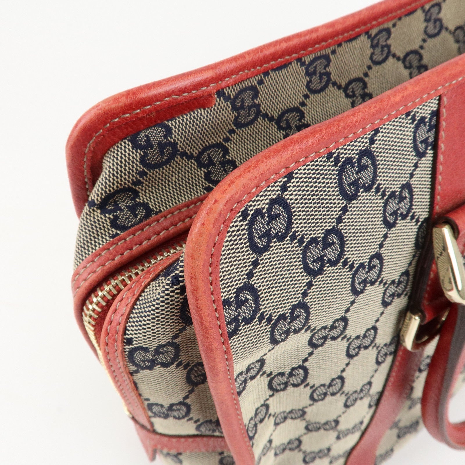 GUCCI GG Canvas Leather Hand Bag Shoulder Bag 130940 Used Navy Red F/S Used