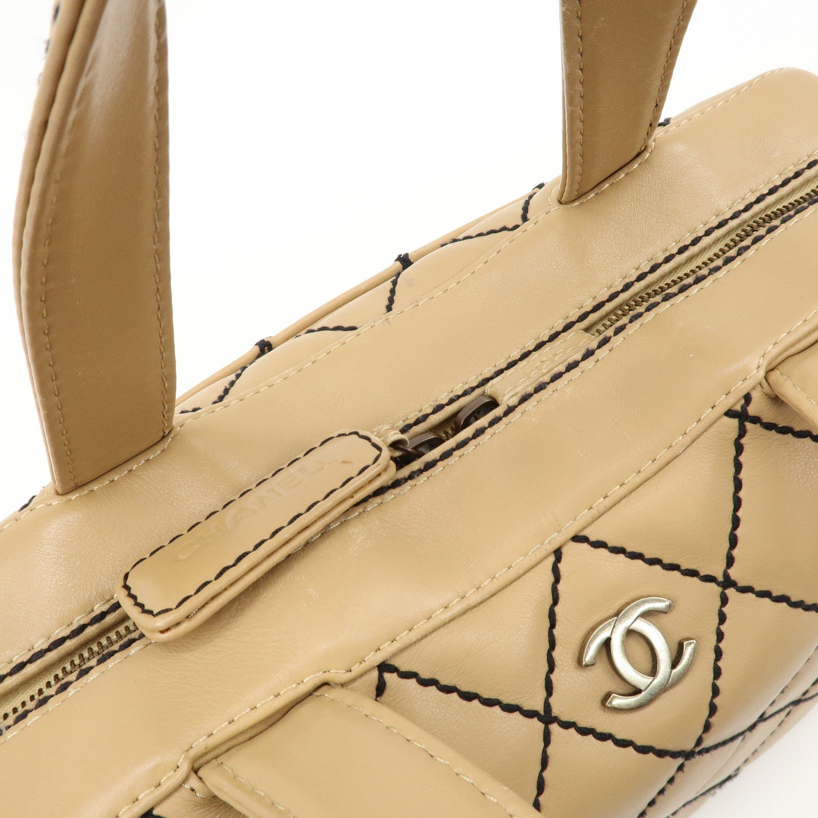 CHANEL Wild Stitch Lamb Skin Coco Mark Hand Bag Beige A14692