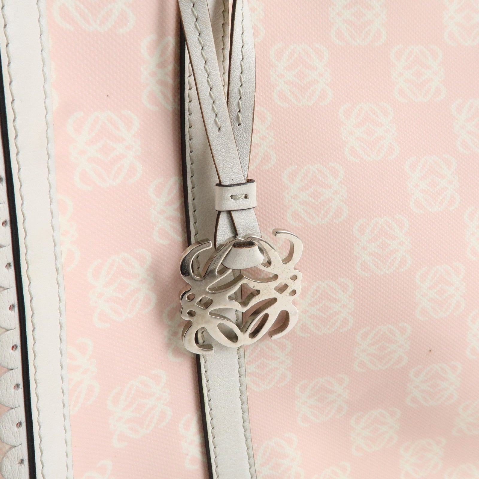 LOEWE Anagram PVC Leather Tote Bag Hand Bag Pink Ivory Ribbon